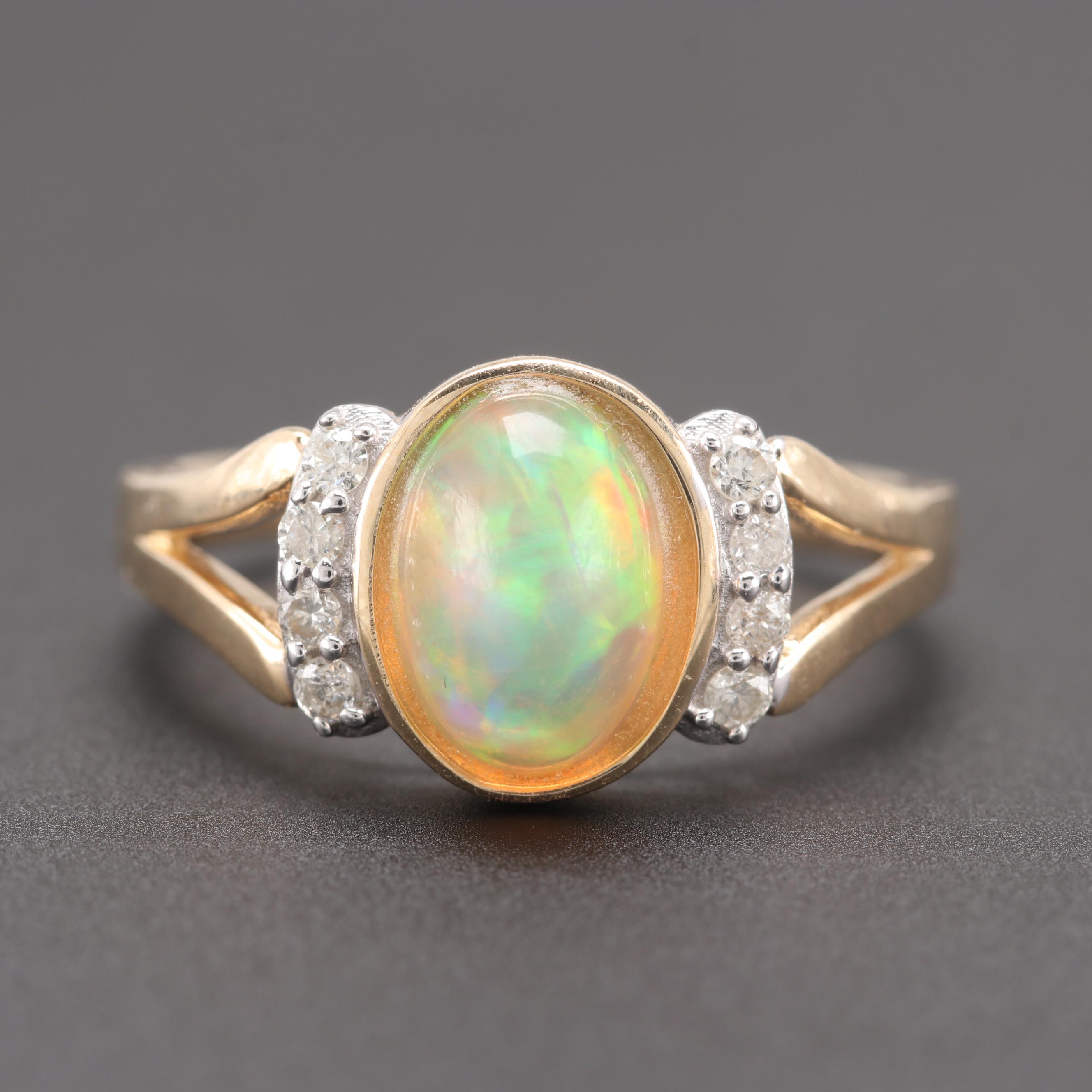 14K Yellow Gold Opal and Diamond Ring