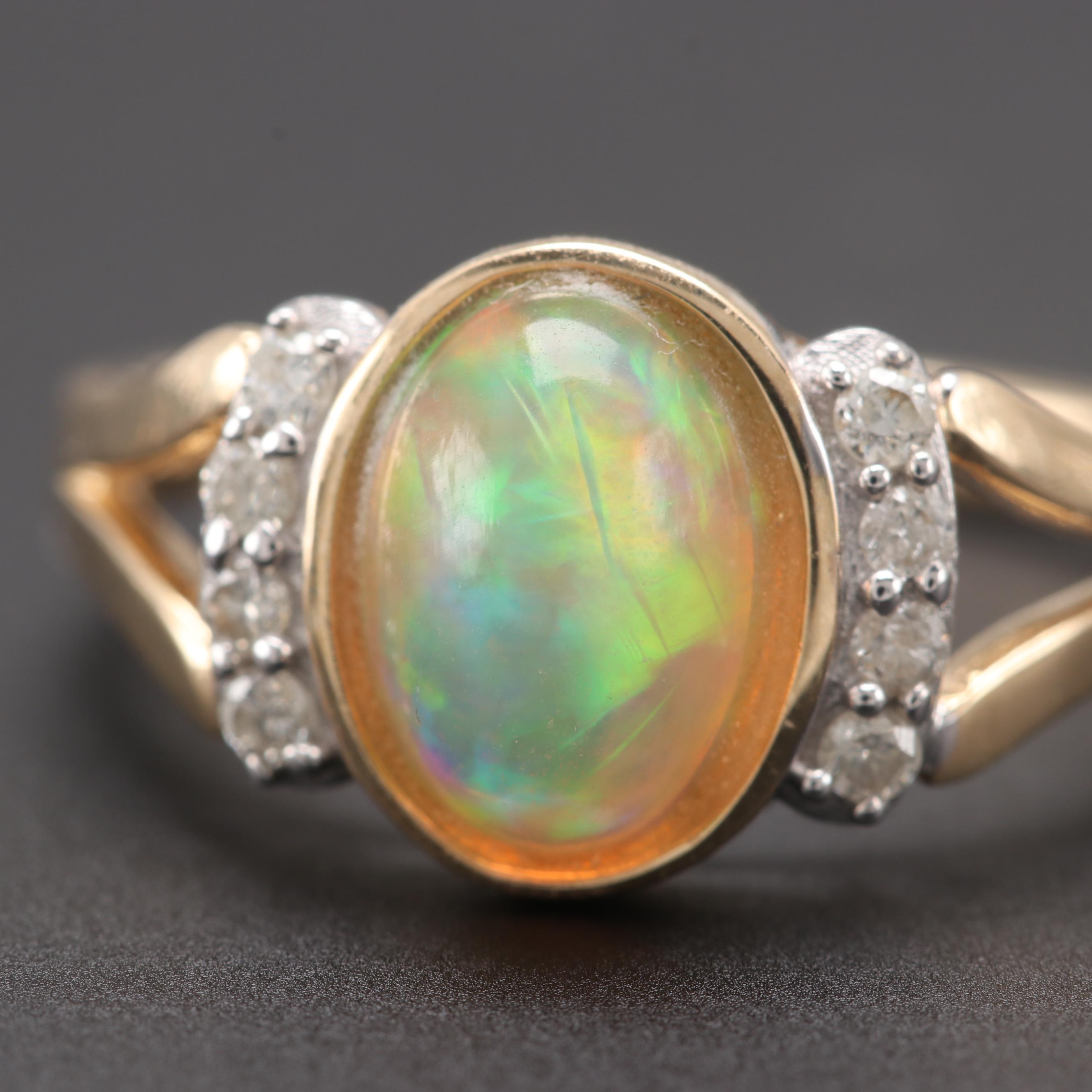 14K Yellow Gold Opal and Diamond Ring