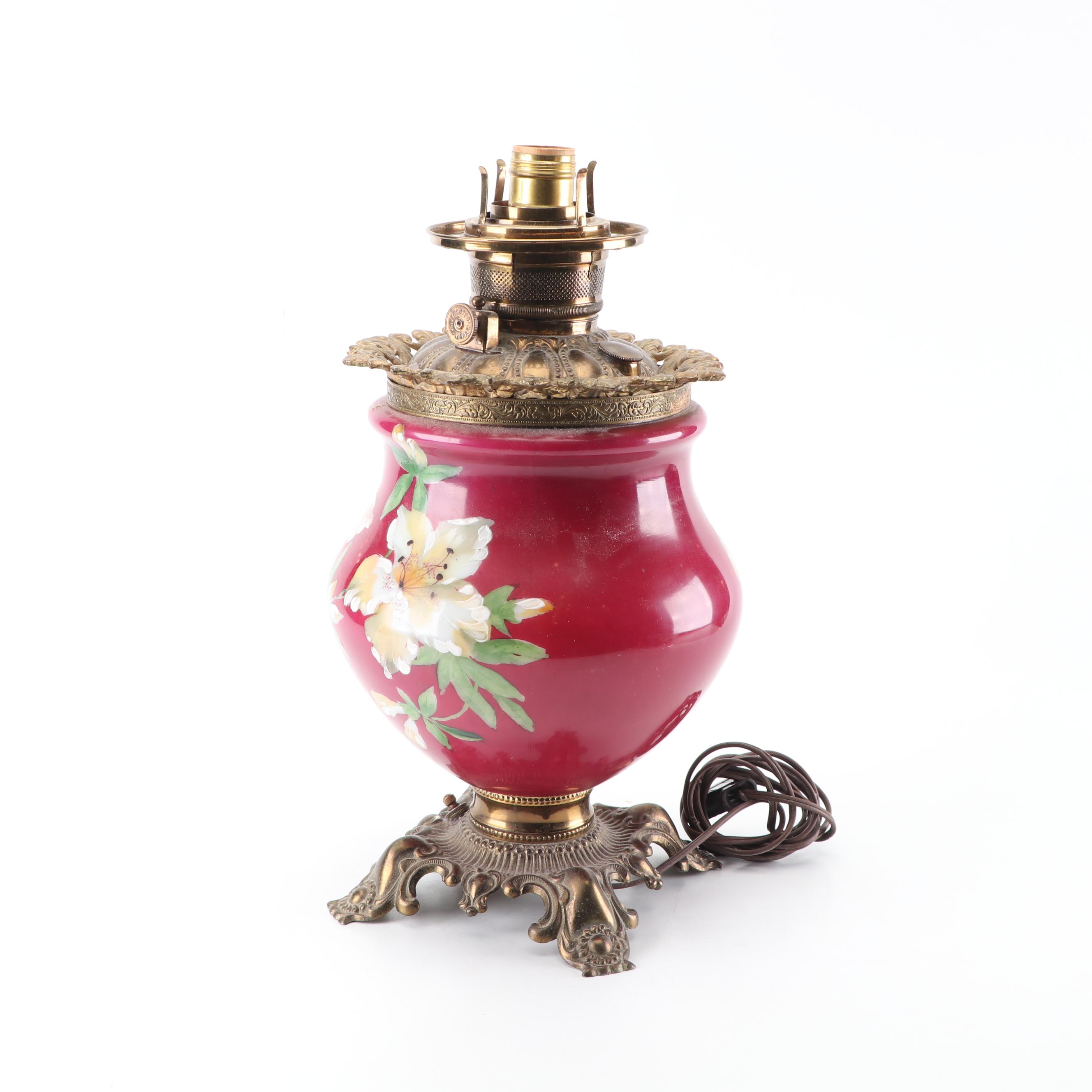 Converted Hand-Painted Kerosene Parlor Lamp