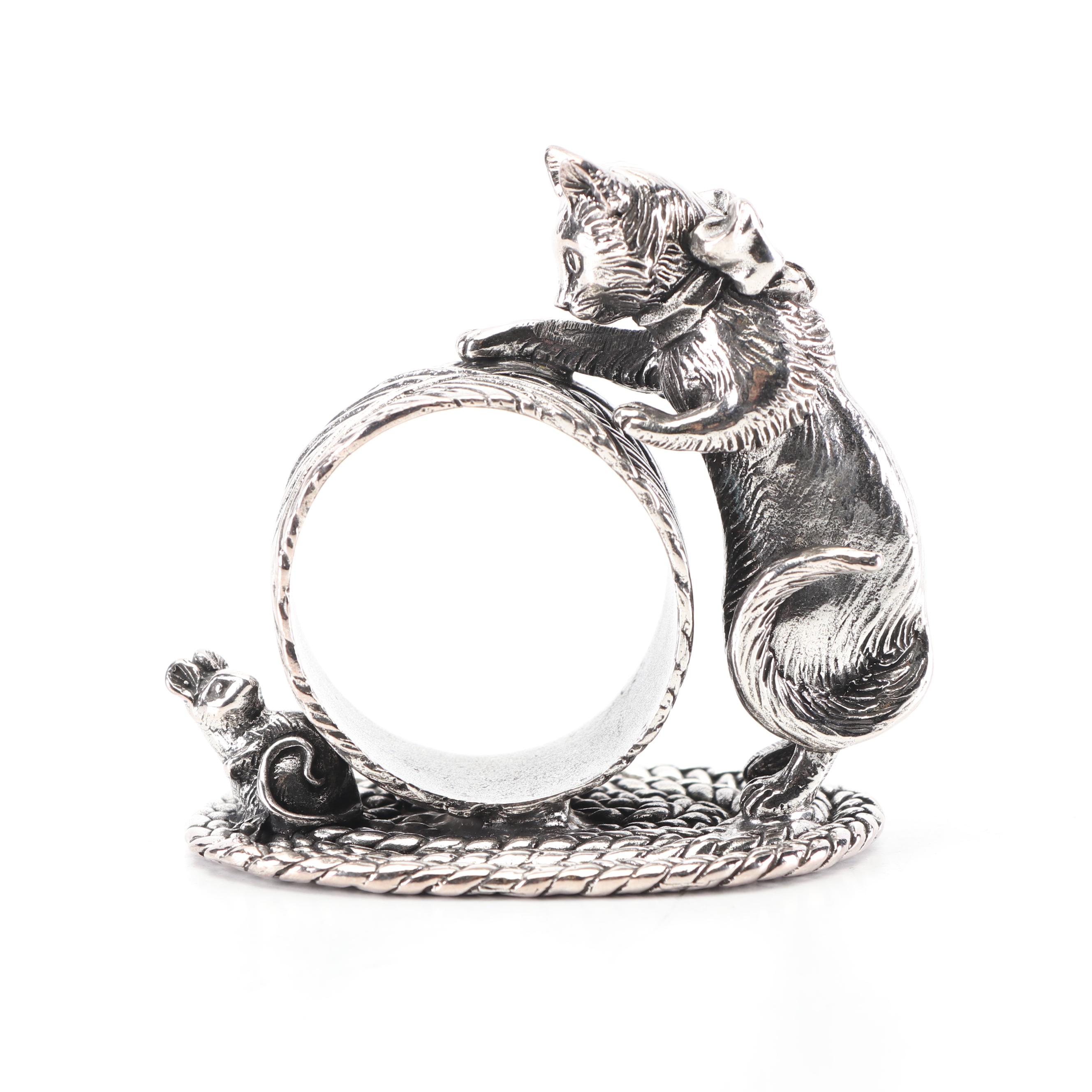 Reed & Barton "Cat & Mouse" Silver Plate Figural Napkin Ring, Circa 1999