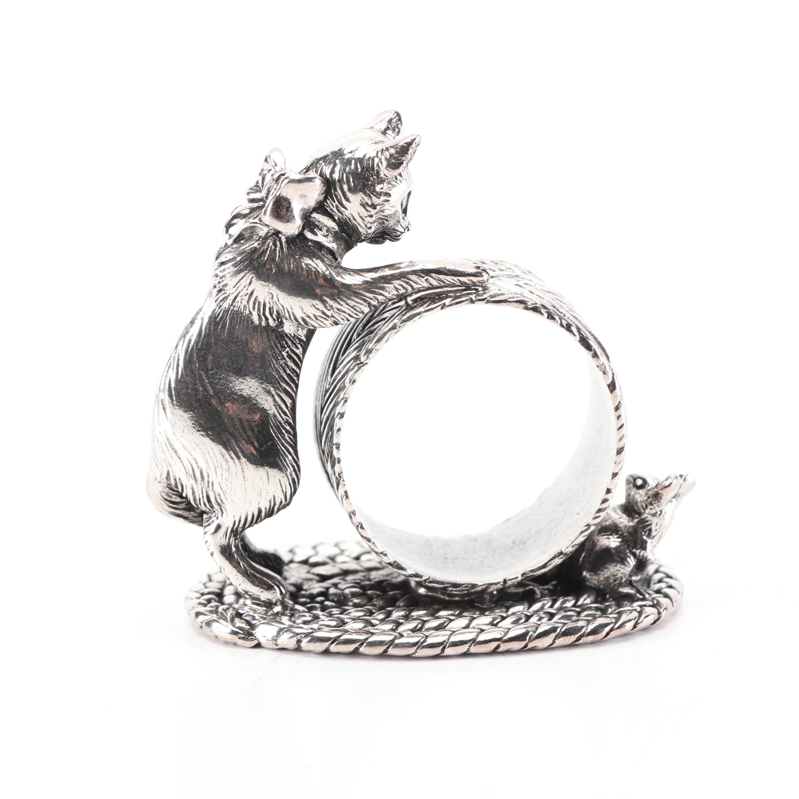 Reed & Barton "Cat & Mouse" Silver Plate Figural Napkin Ring, Circa 1999