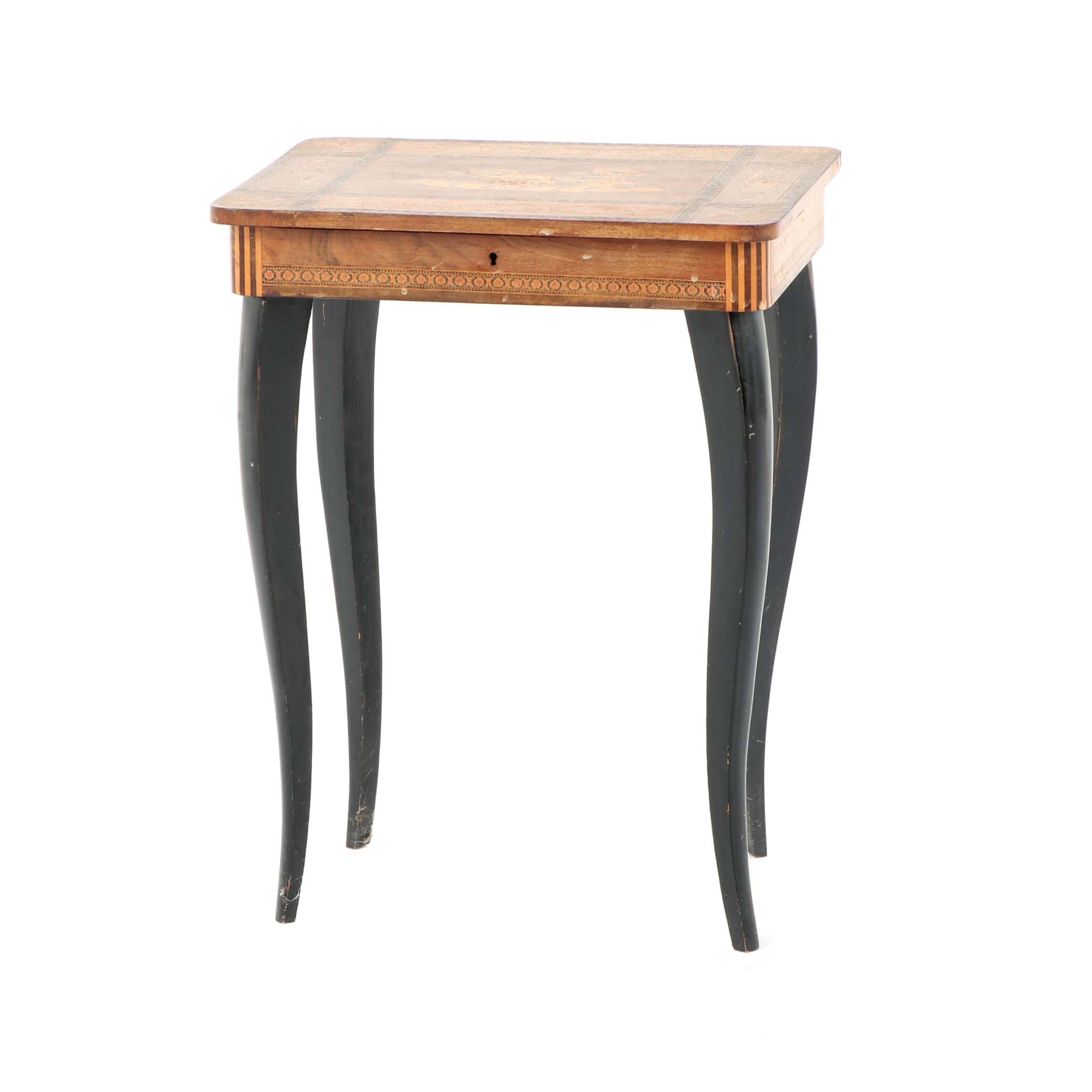 Mixed Woods Marquetry Diminutive Table Music Box by Thorens, 20th Century