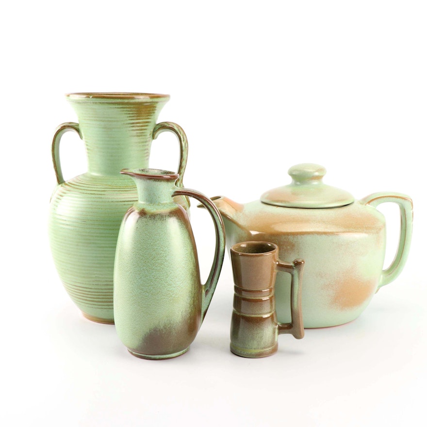 Frankoma Pottery "Prairie Green" Teapot, Pitcher, Cup, and Vase