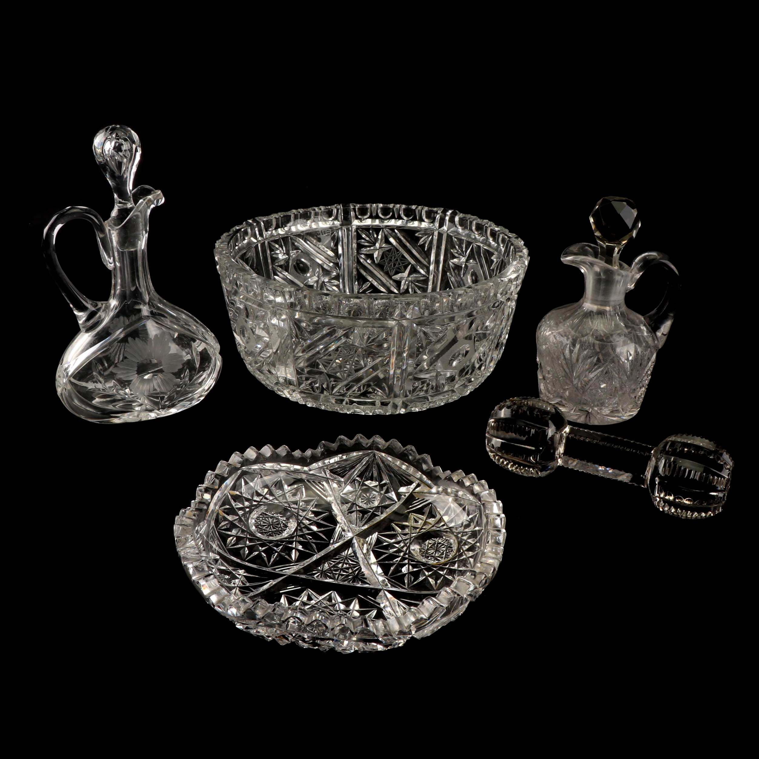Vintage Pressed Glass Knife Rest, Candy Dishes, and Cruet with Cut Crystal Cruet
