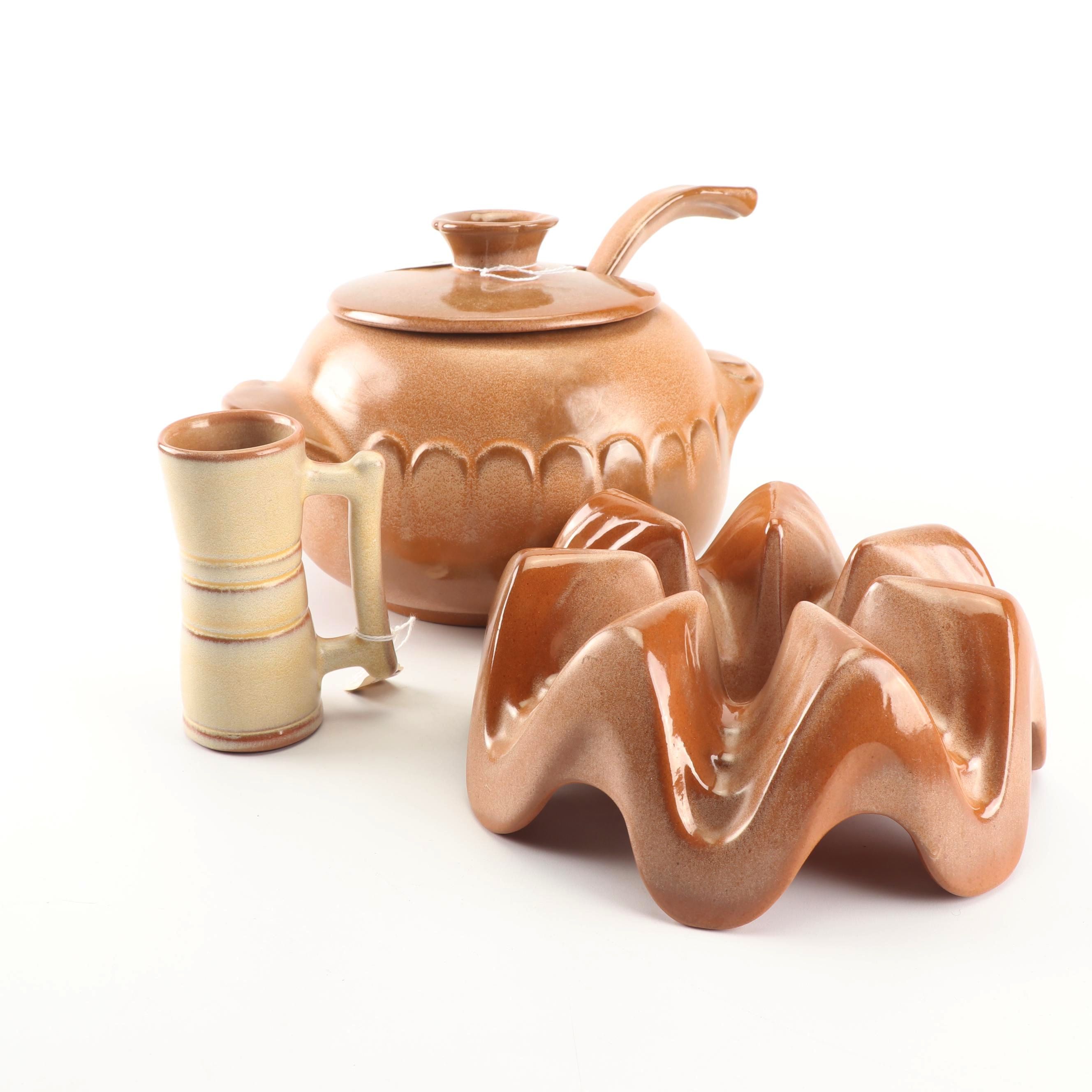 Frankoma Pottery Mug and "Lazy Bones" Cinnamon Glazed Soup Tureen with Warmer