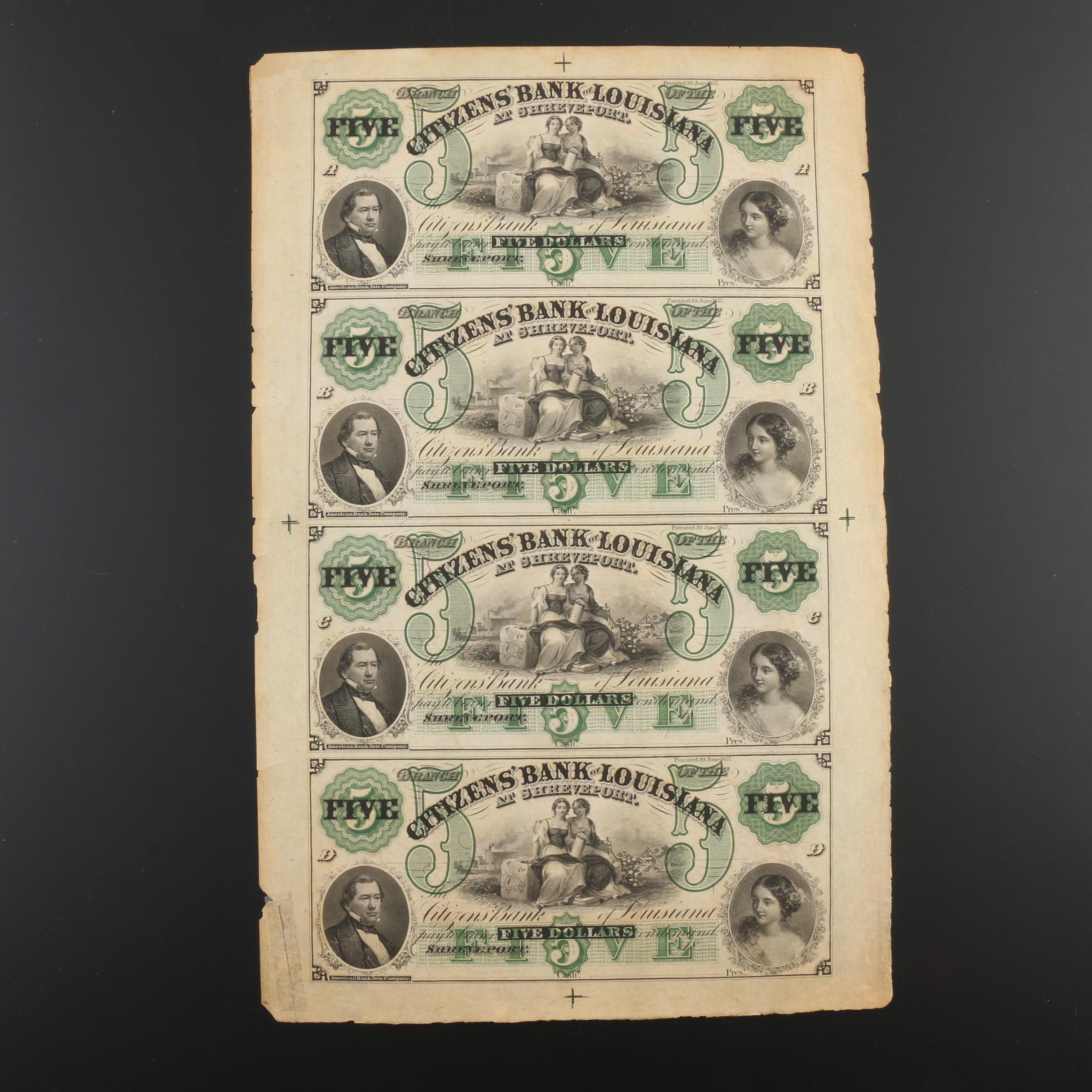 Uncut Sheet of Four 1957 $5 Currency Notes from Citizens' Bank of Louisiana