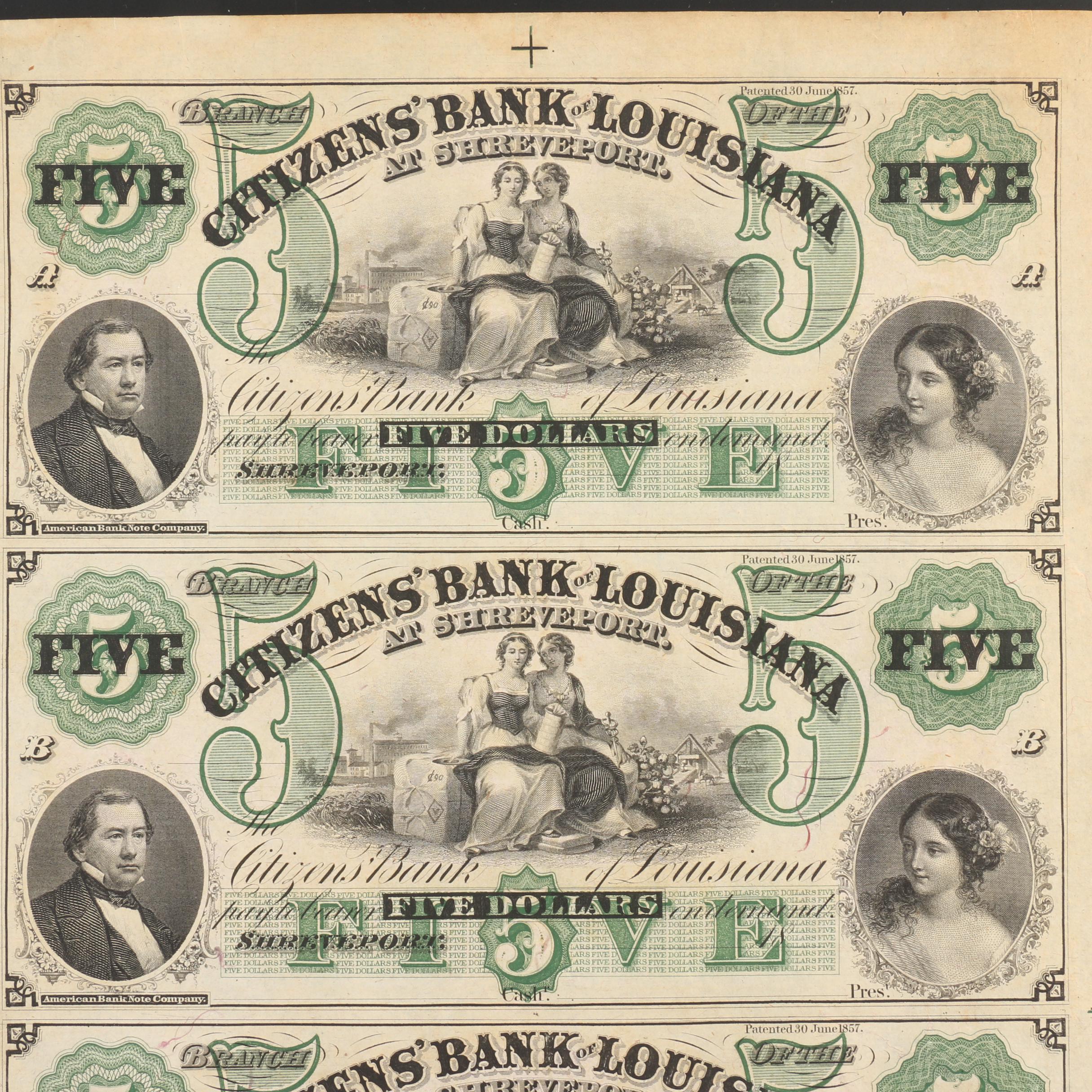 Uncut Sheet of Four 1957 $5 Currency Notes from Citizens' Bank of Louisiana