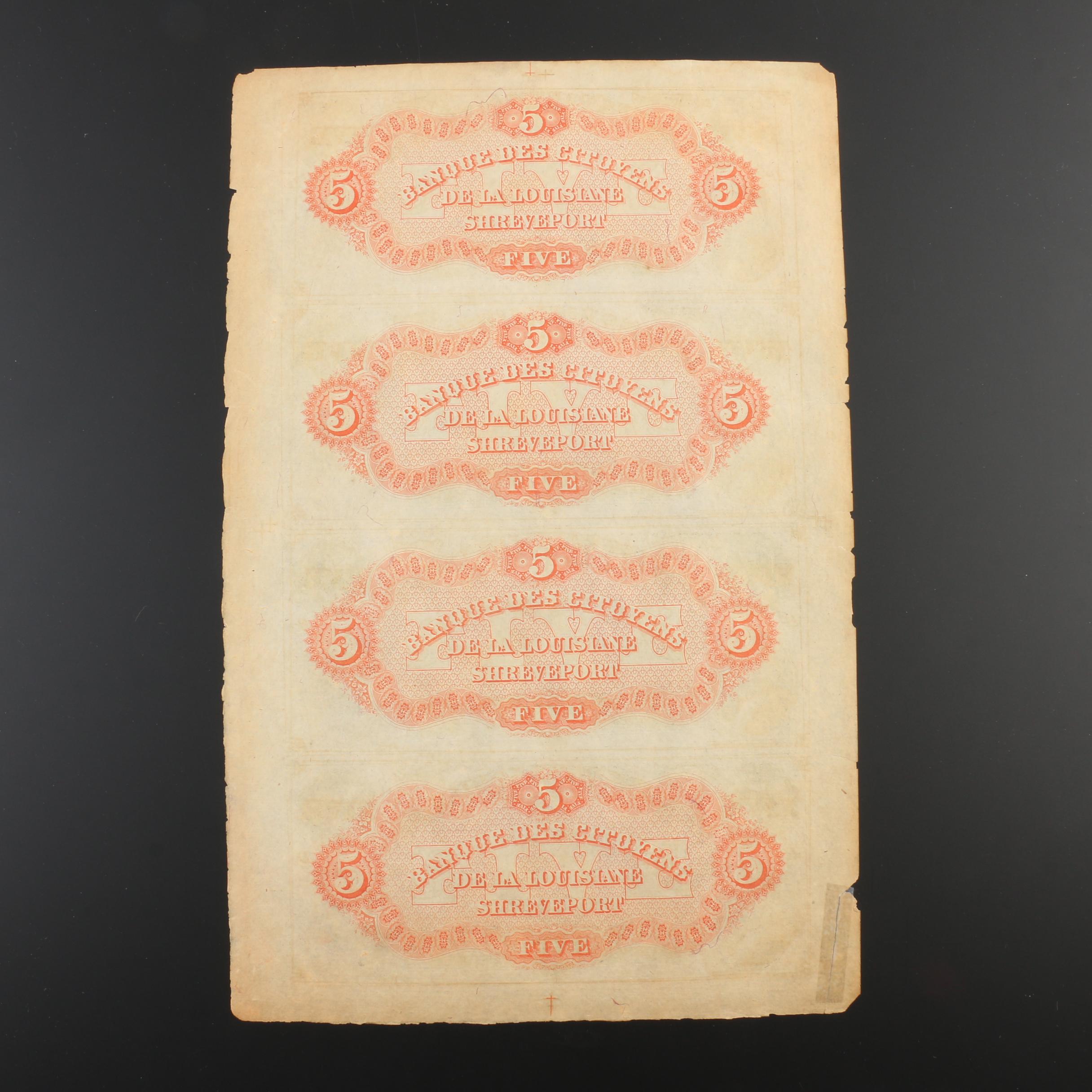 Uncut Sheet of Four 1957 $5 Currency Notes from Citizens' Bank of Louisiana