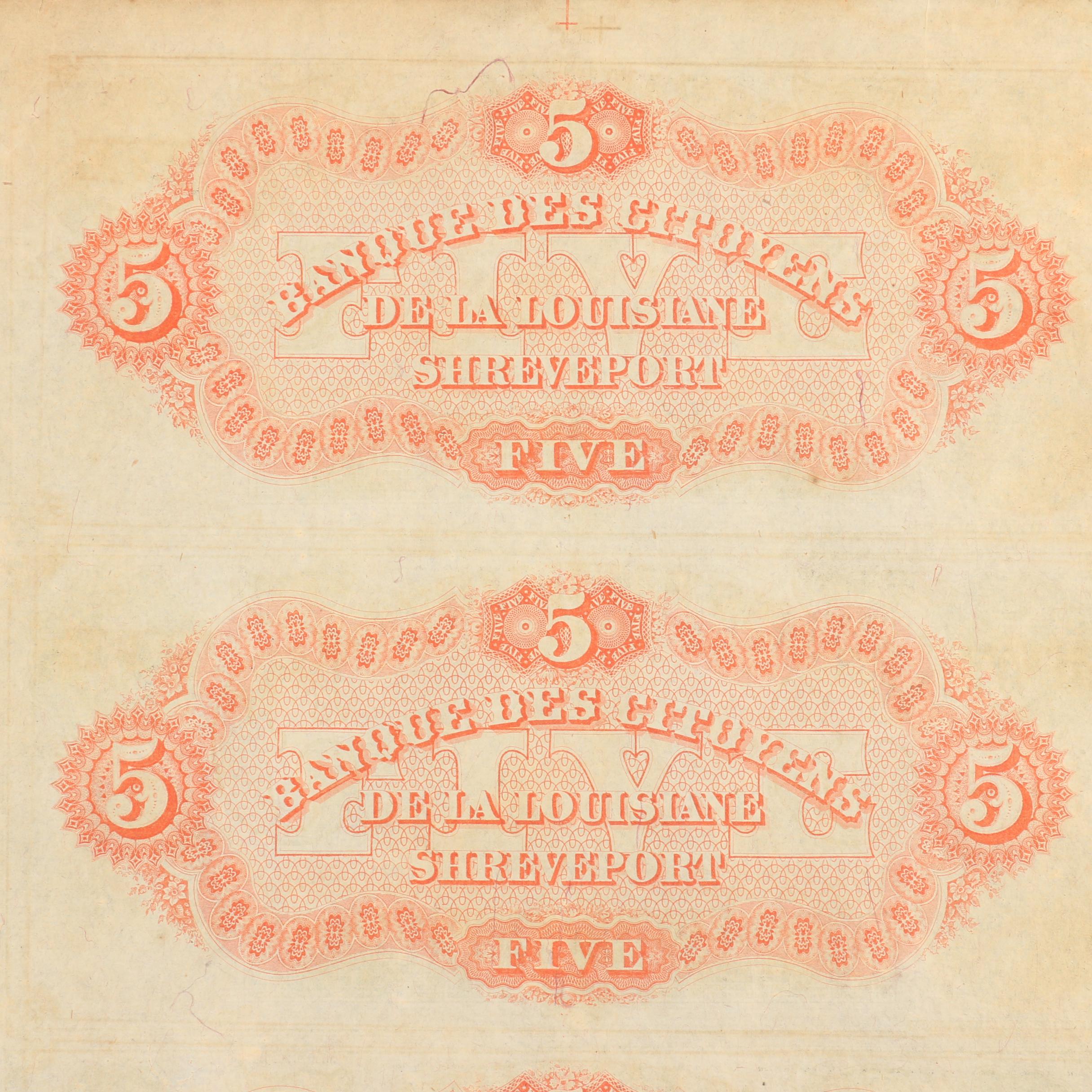 Uncut Sheet of Four 1957 $5 Currency Notes from Citizens' Bank of Louisiana