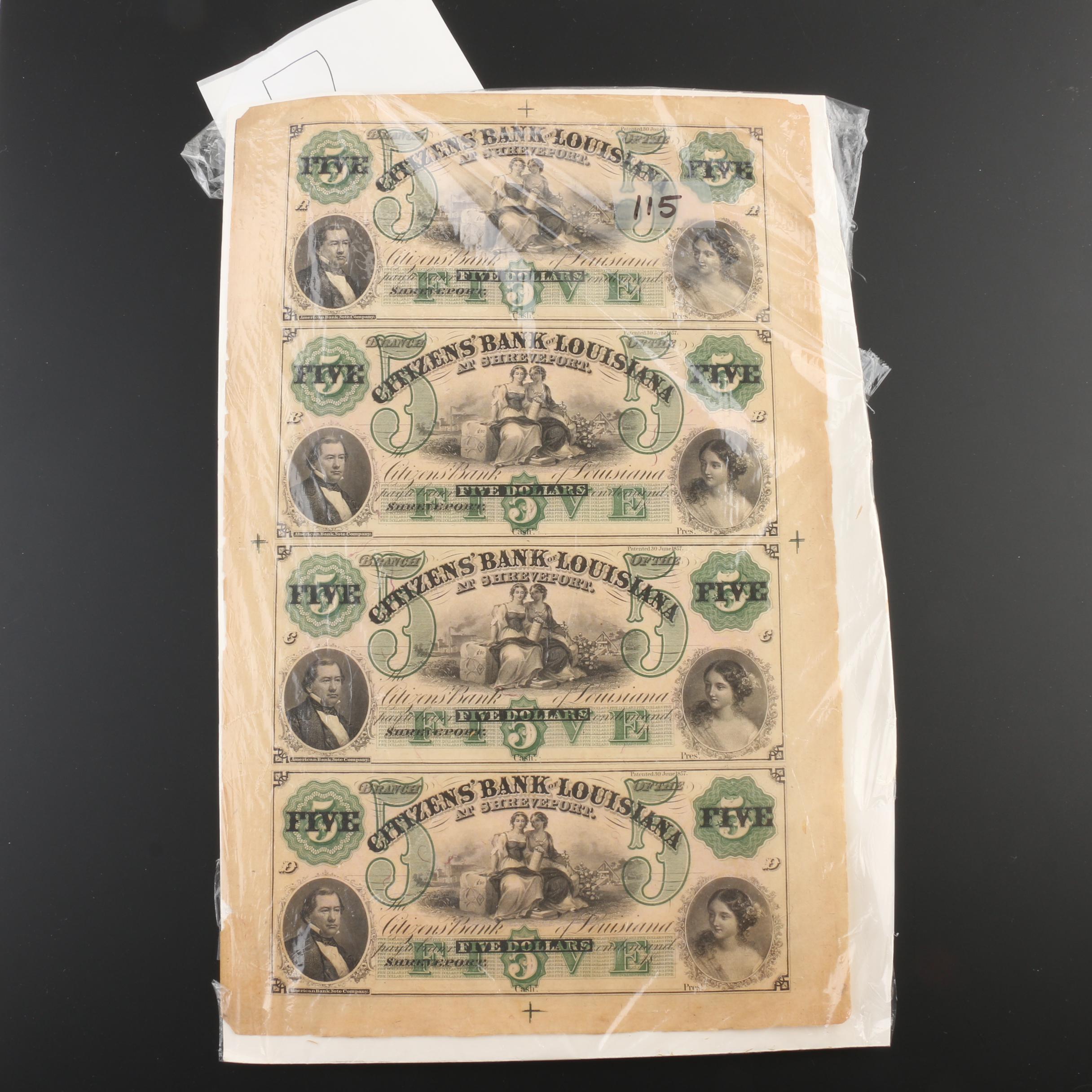 Uncut Sheet of Four 1957 $5 Currency Notes from Citizens' Bank of Louisiana