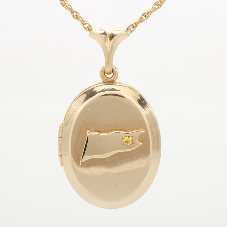 Gold Filled Locket Pendant Necklace with Synthetic Yellow Sapphire Accent