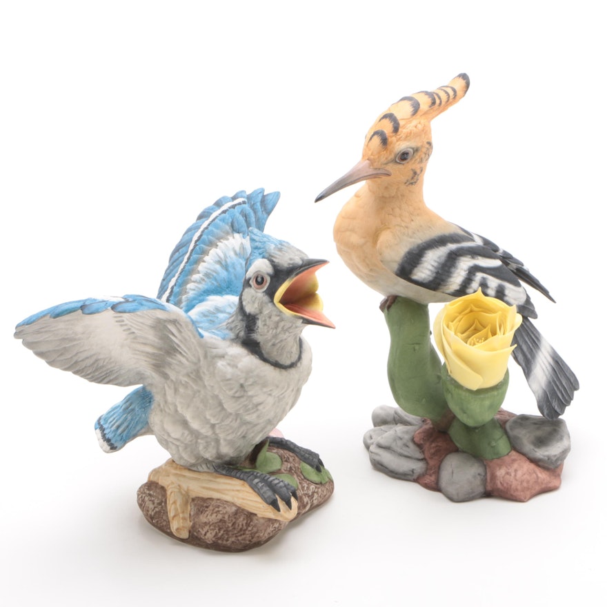 Boehm Porcelain Figurines"Fledgling Hoopoe" and "Blue Jay Fledgling"