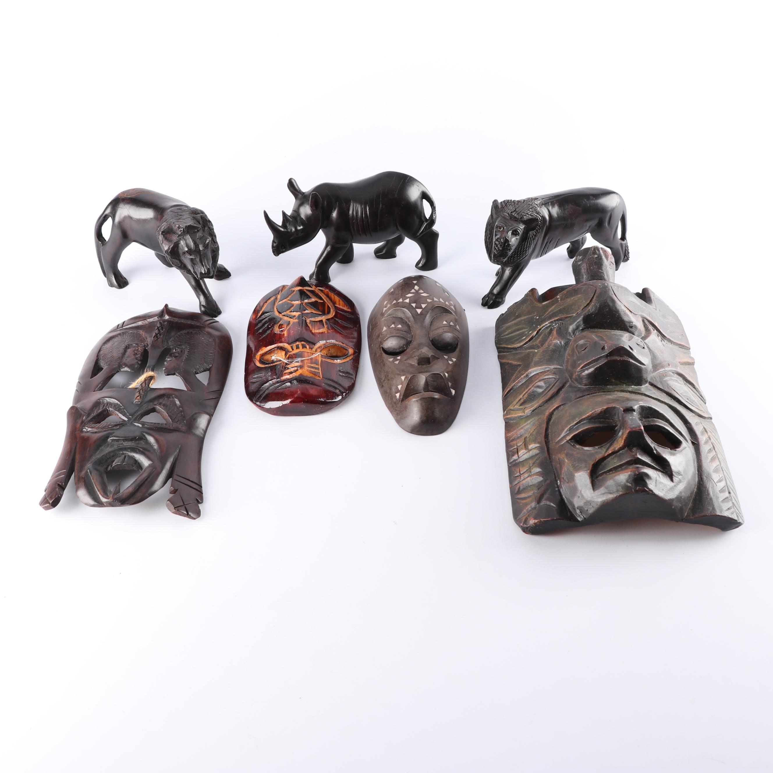 East African and Mexican Style Wood Masks and Carvings