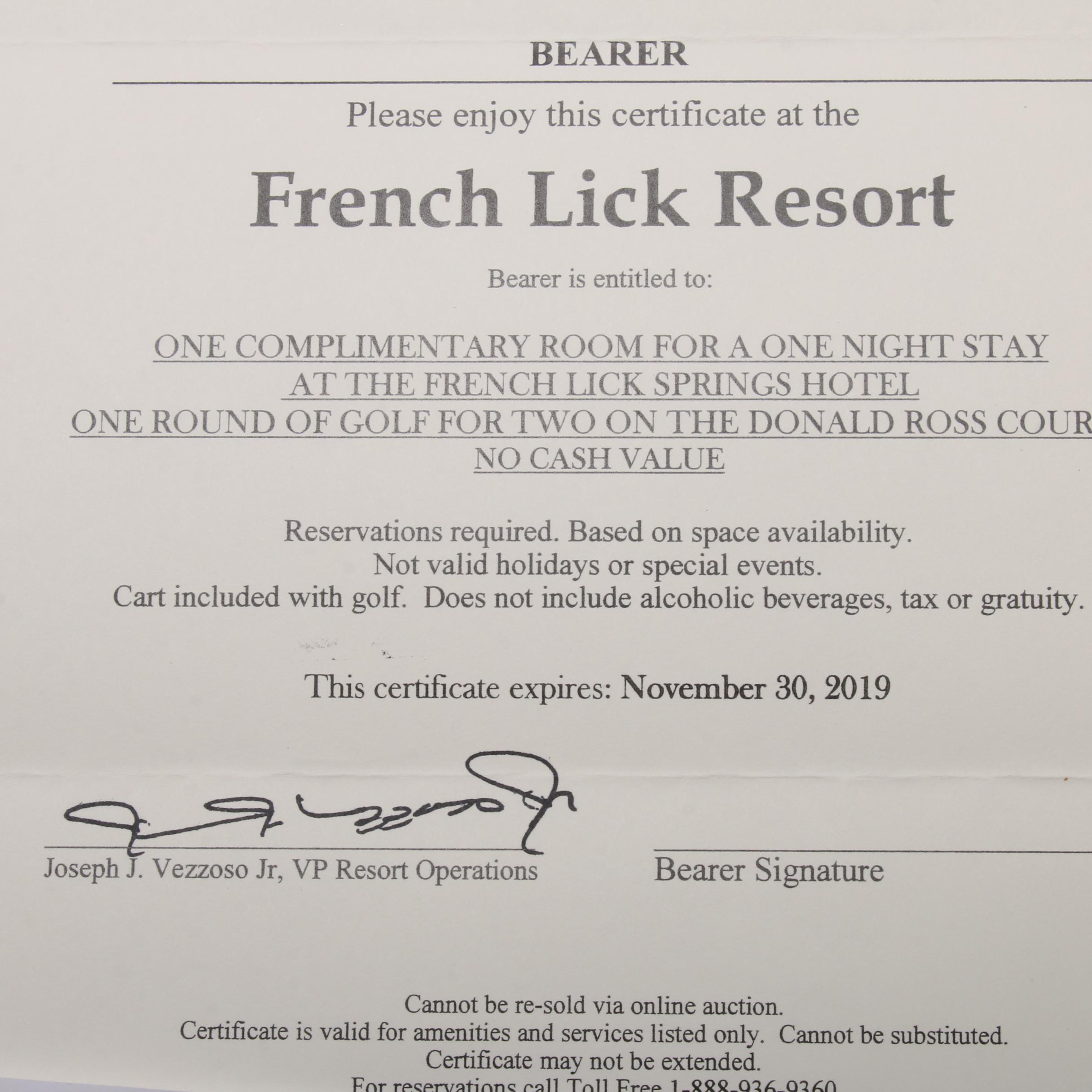 French Lick Resort Certificate for One Night Stay and Round of Golf