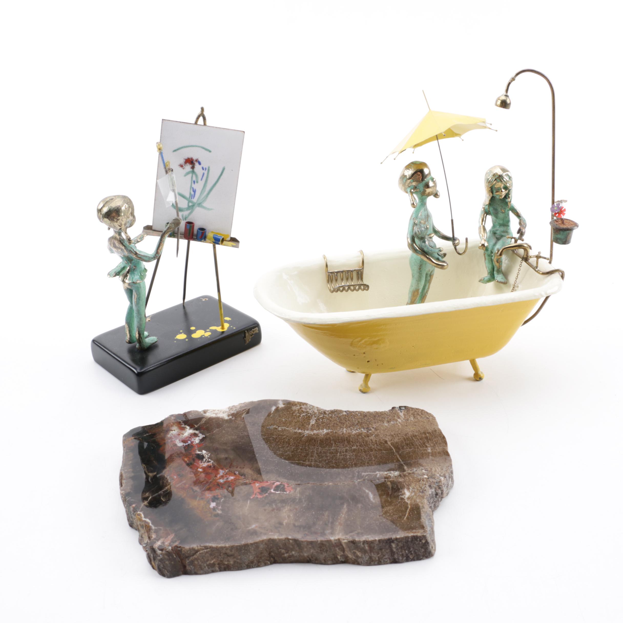 1972 Malcolm Moran Bronze and Enamel Sculptures with Polished Stone Slab