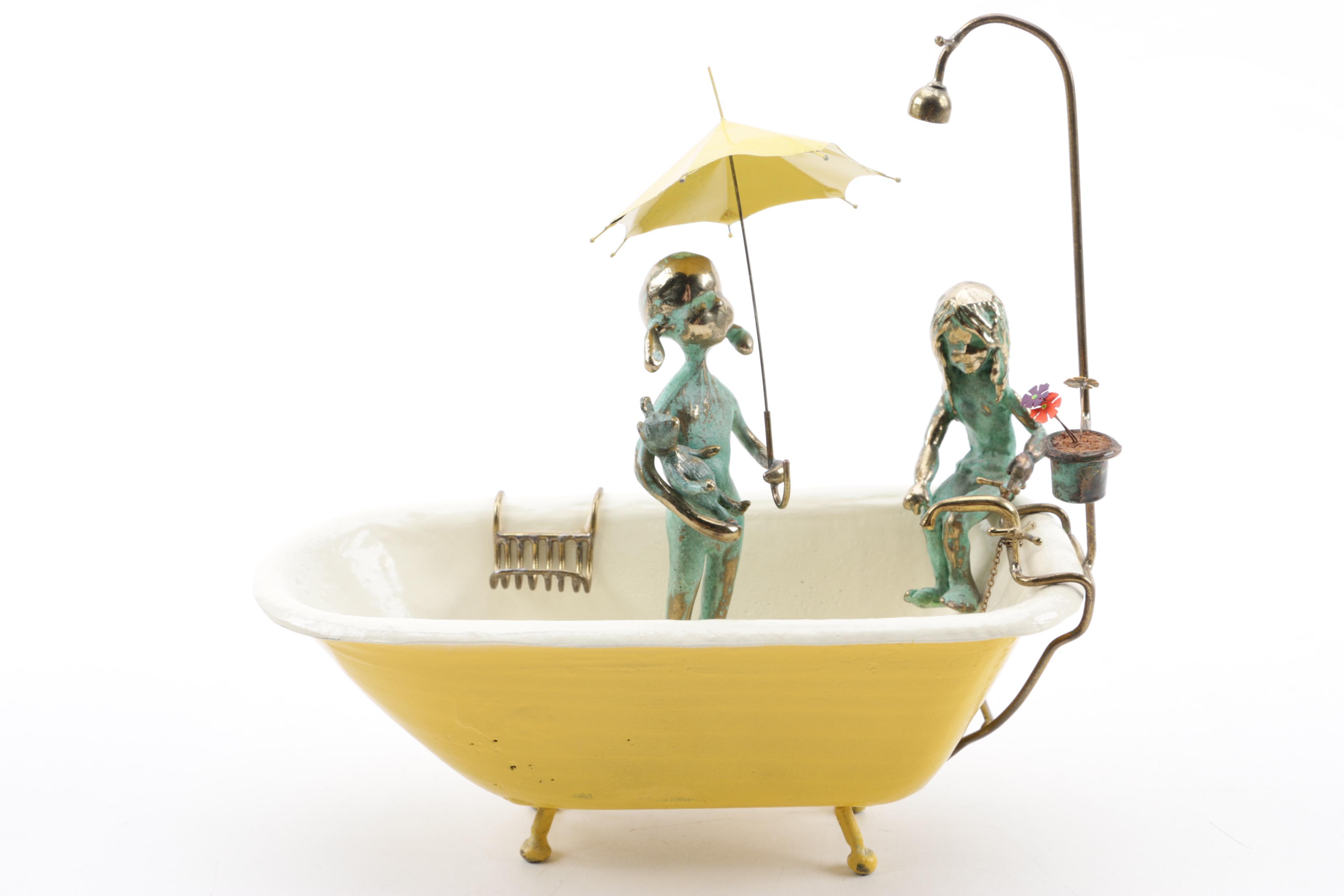 1972 Malcolm Moran Bronze and Enamel Sculptures with Polished Stone Slab