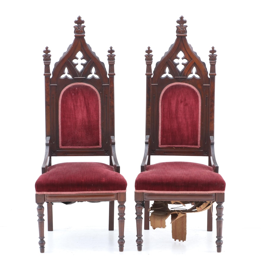 Pair of Gothic Revival Walnut Armchairs, 19th Century