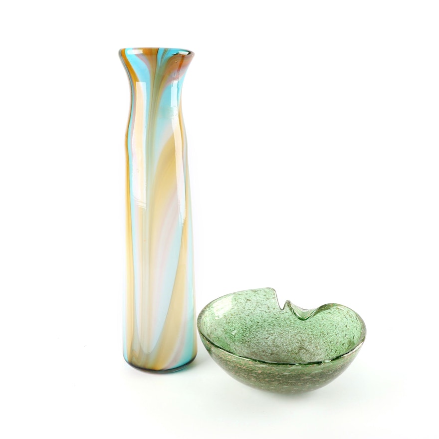 Murano Style Aventurine Bowl and Art Glass Vase