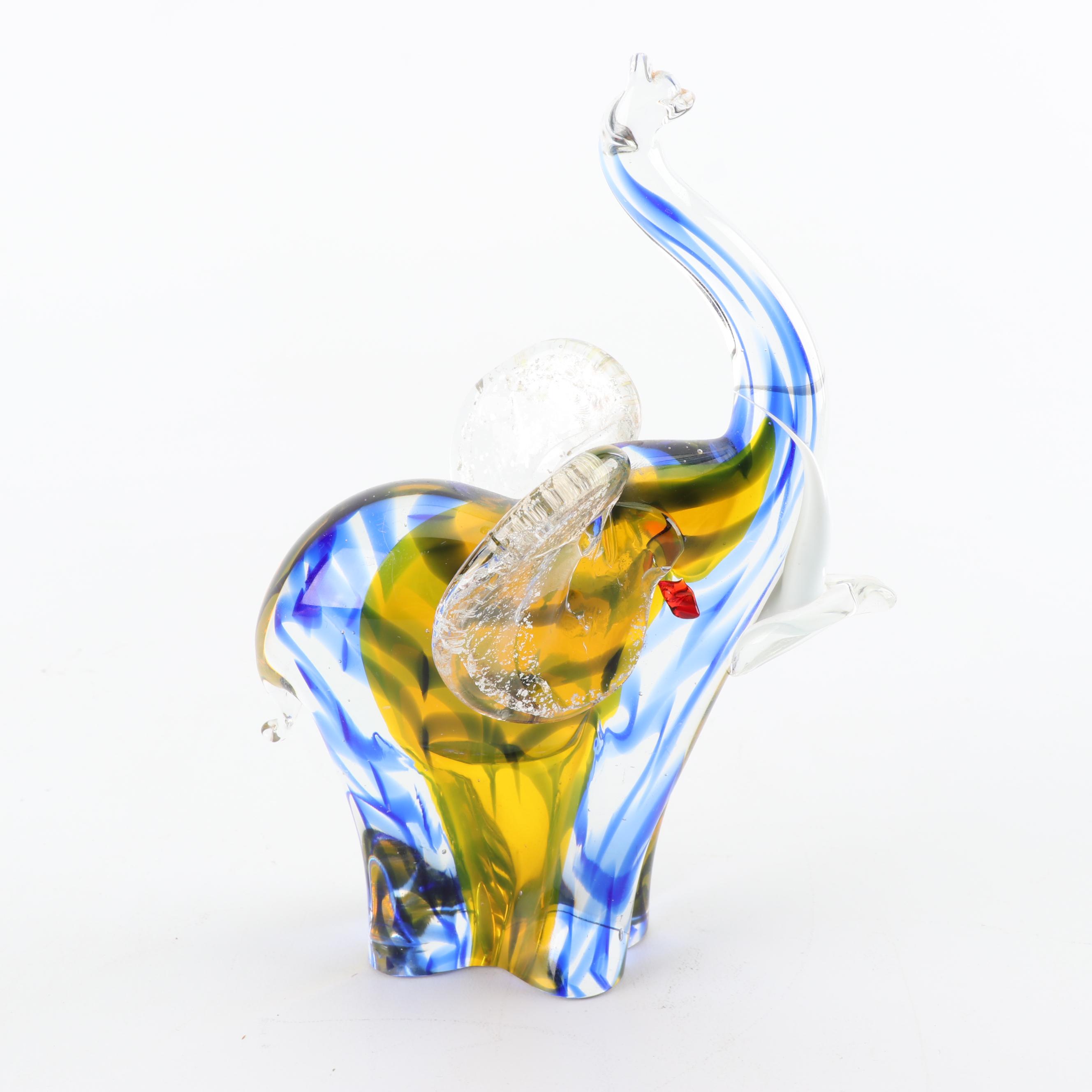 Art Glass Vase with Decorative Pipe and Elephant