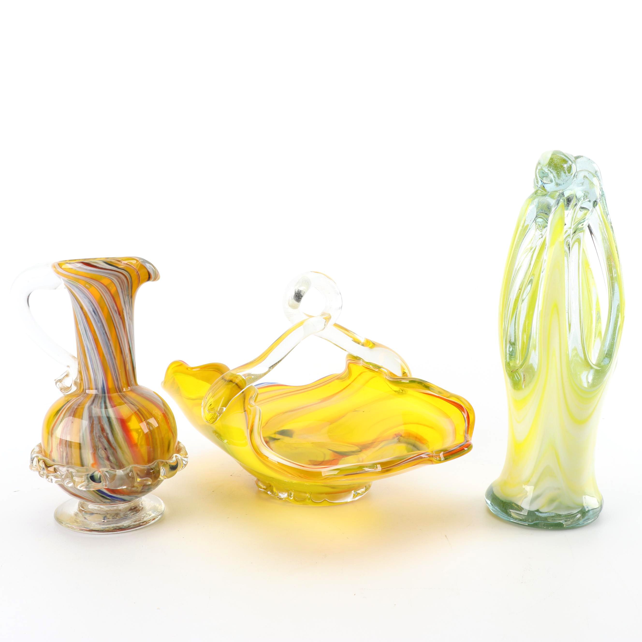 Art Glass Basket, Jug and Vase