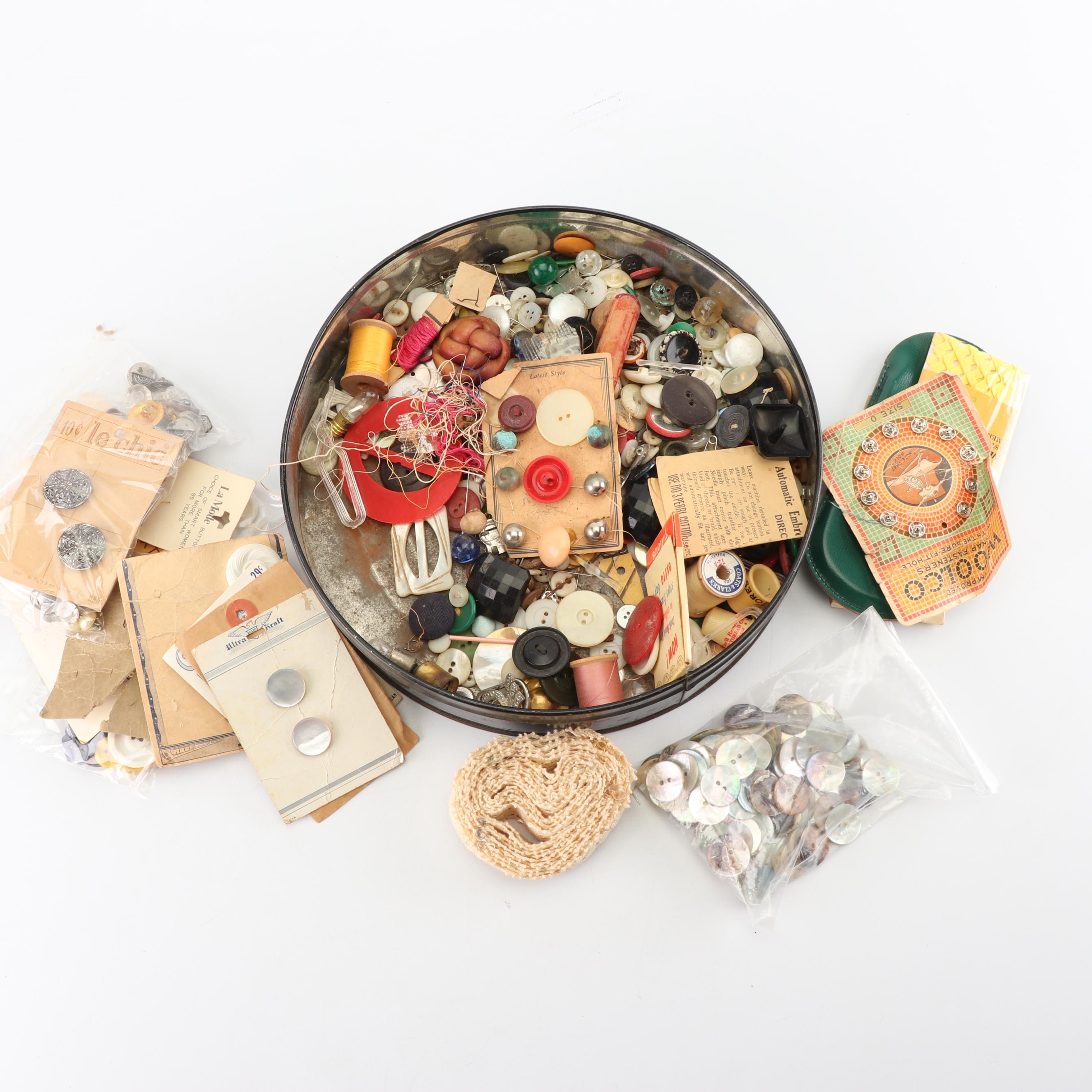 Vintage Tin of Buttons and Sewing Supplies