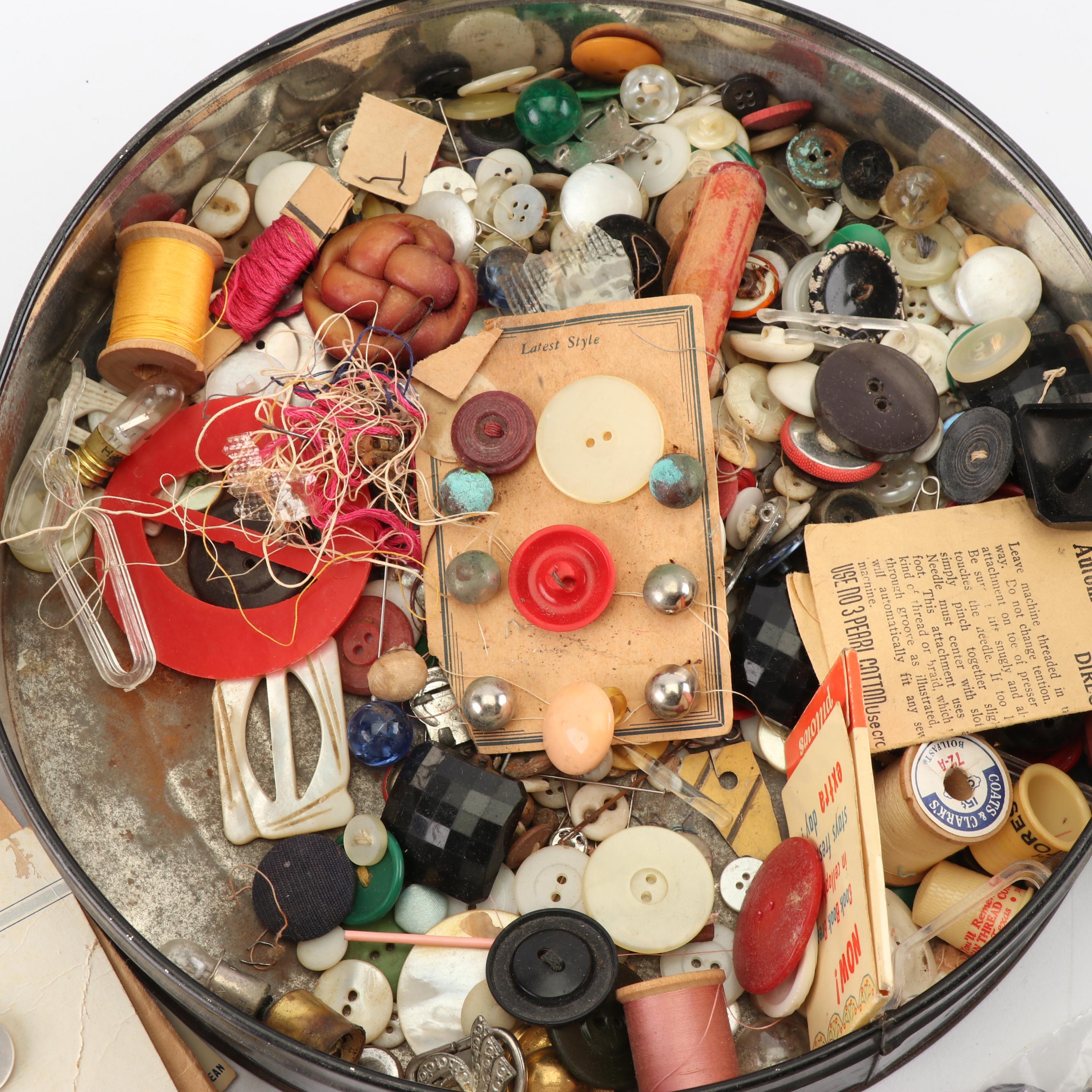Vintage Tin of Buttons and Sewing Supplies