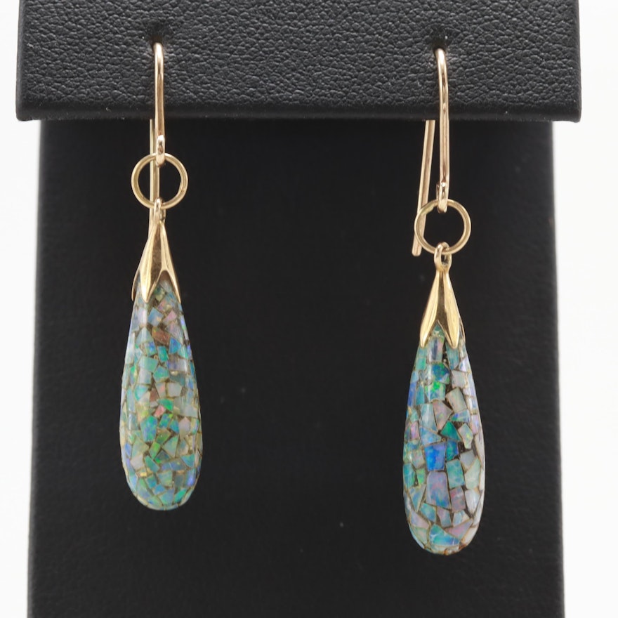 10K Yellow Gold Opal Chip in Resin Drop Earrings