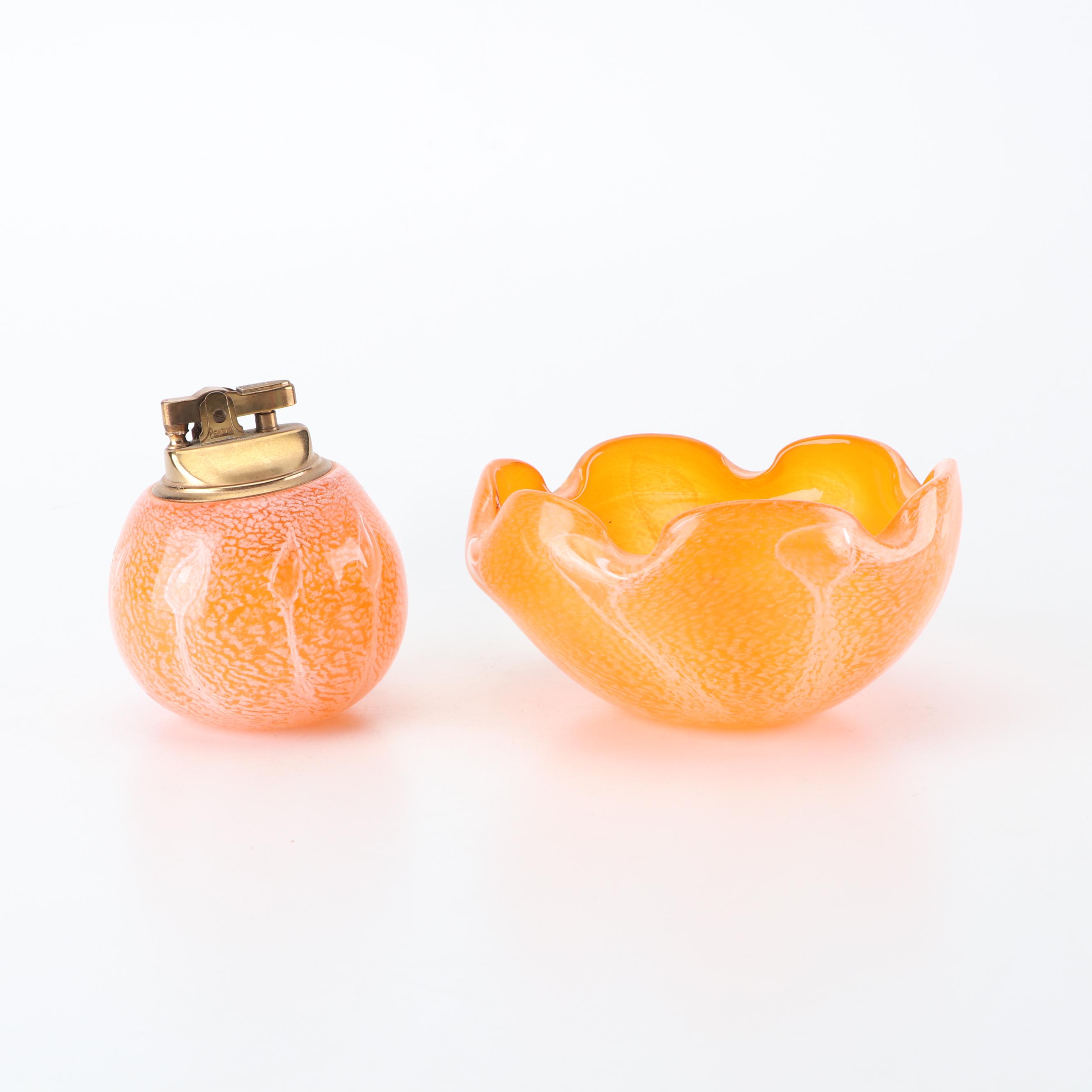 Murano Style Art Glass Ash Receiver with Table Lighter and Swung Vase