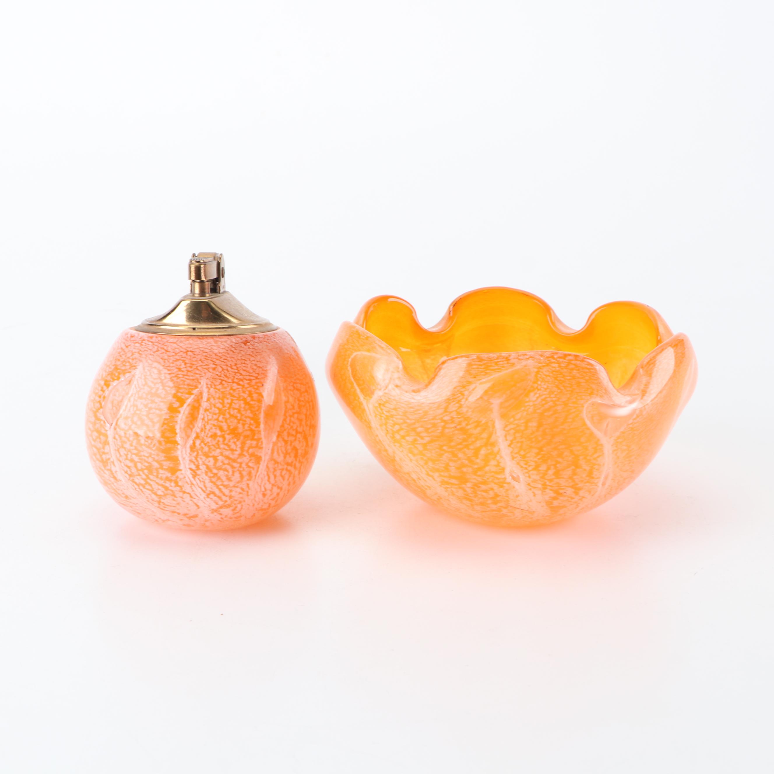 Murano Style Art Glass Ash Receiver with Table Lighter and Swung Vase