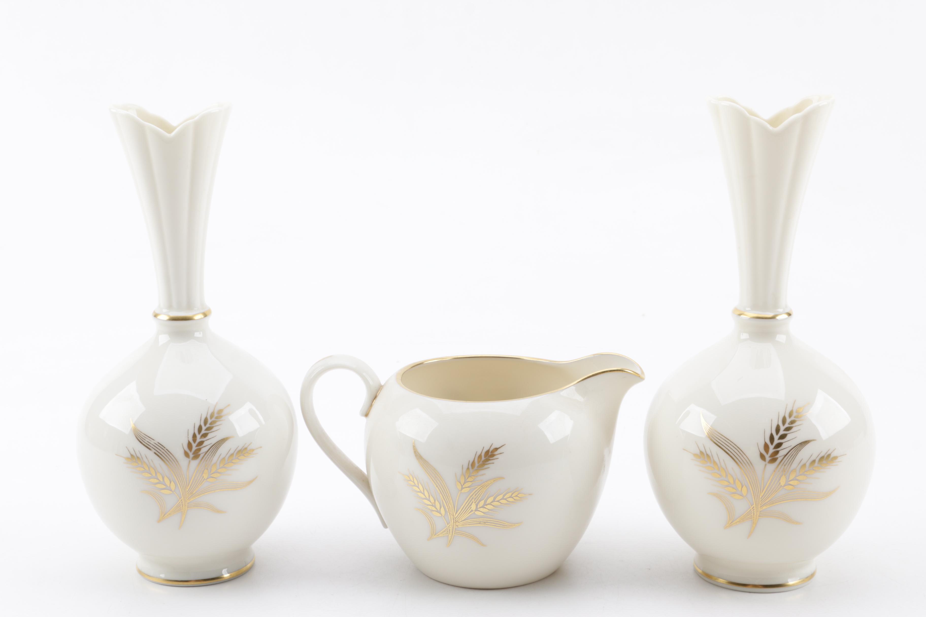 Lenox "Wheat" Bone China Dinnerware and Bud Vases, Mid-Late 20th Century
