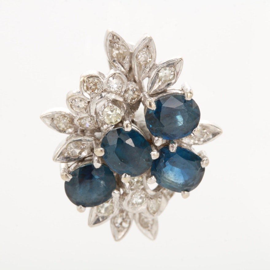 14K White Gold Blue Sapphire and Diamond Pendant