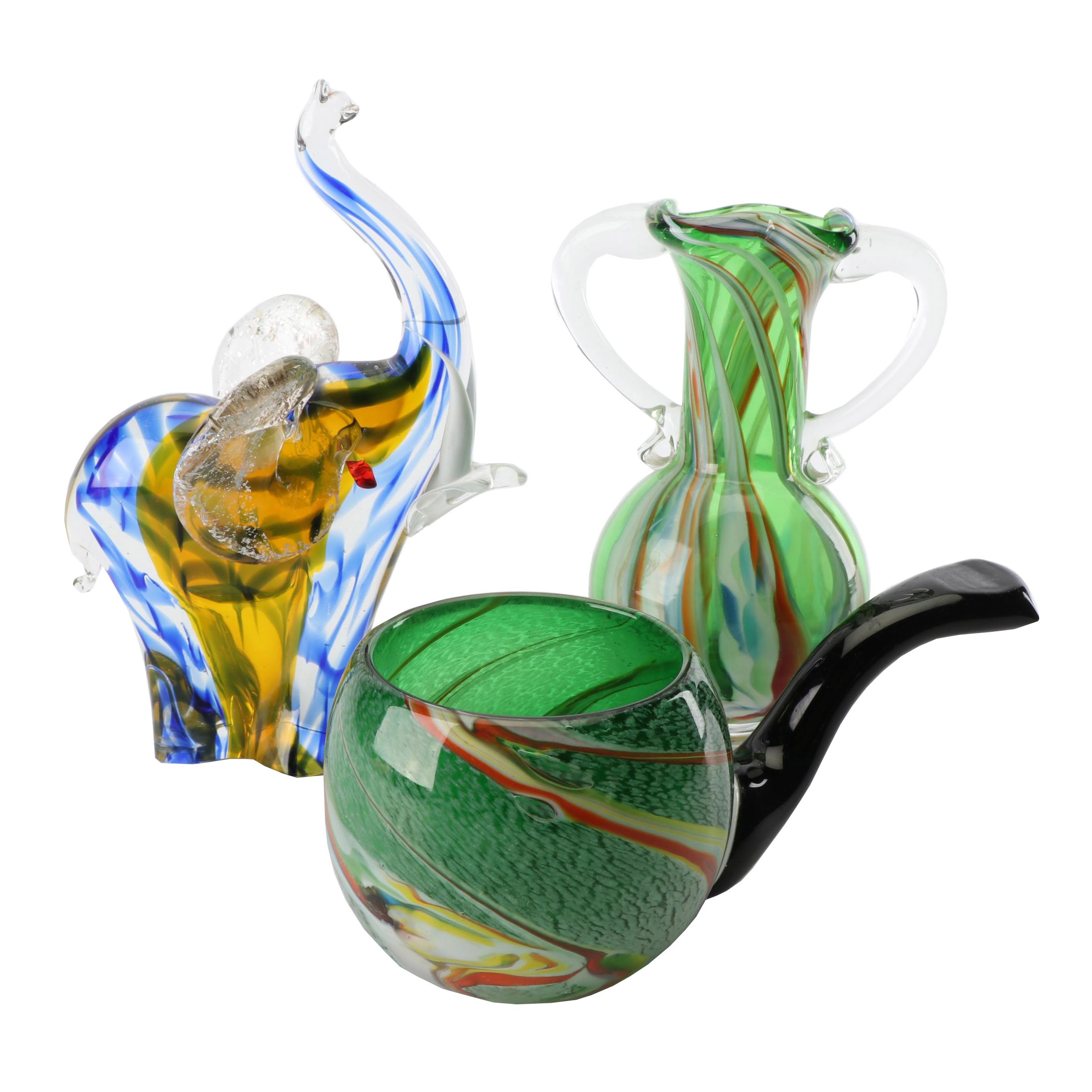 Art Glass Vase with Decorative Pipe and Elephant