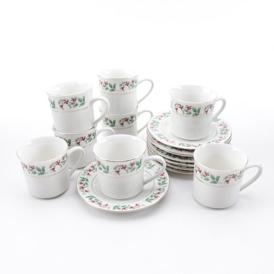 Gibson "Christmas Charm" Porcelain Flat Cups and Saucers for Eight