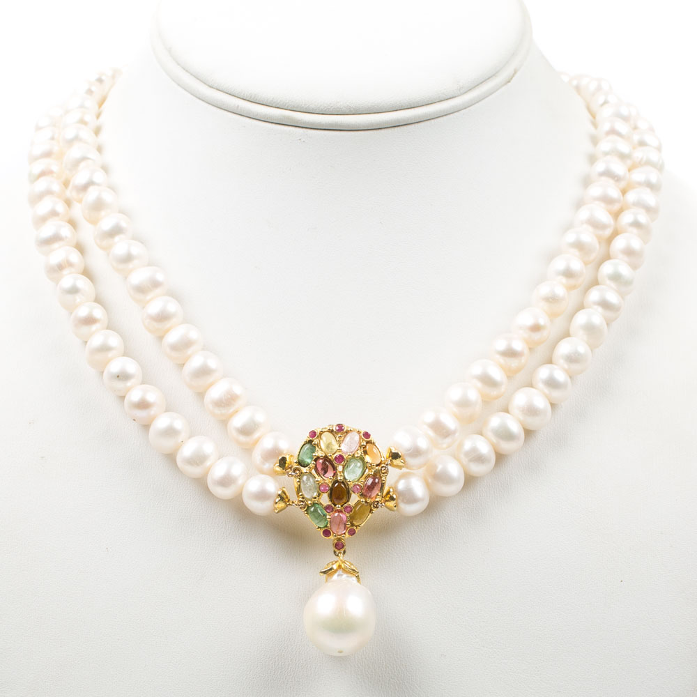 Sterling Freshwater Pearl Double Strand 4.20 CTW Tourmaline, Ruby, Gold Wash