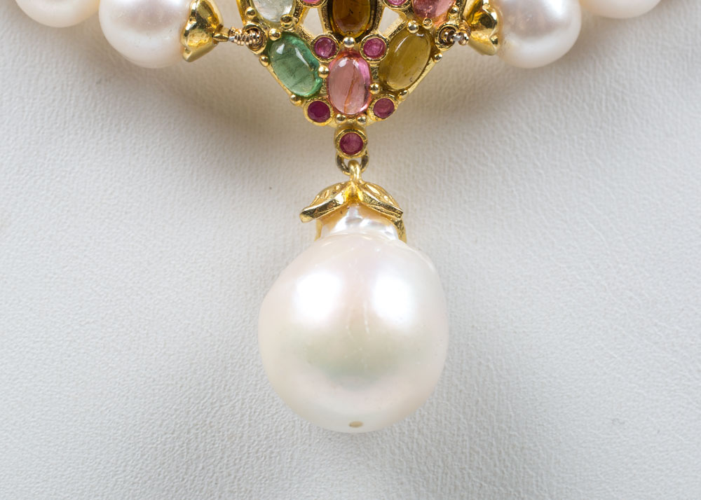 Sterling Freshwater Pearl Double Strand 4.20 CTW Tourmaline, Ruby, Gold Wash