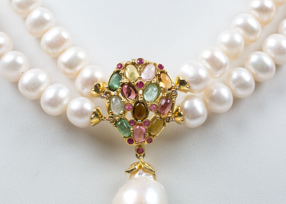 Sterling Freshwater Pearl Double Strand 4.20 CTW Tourmaline, Ruby, Gold Wash
