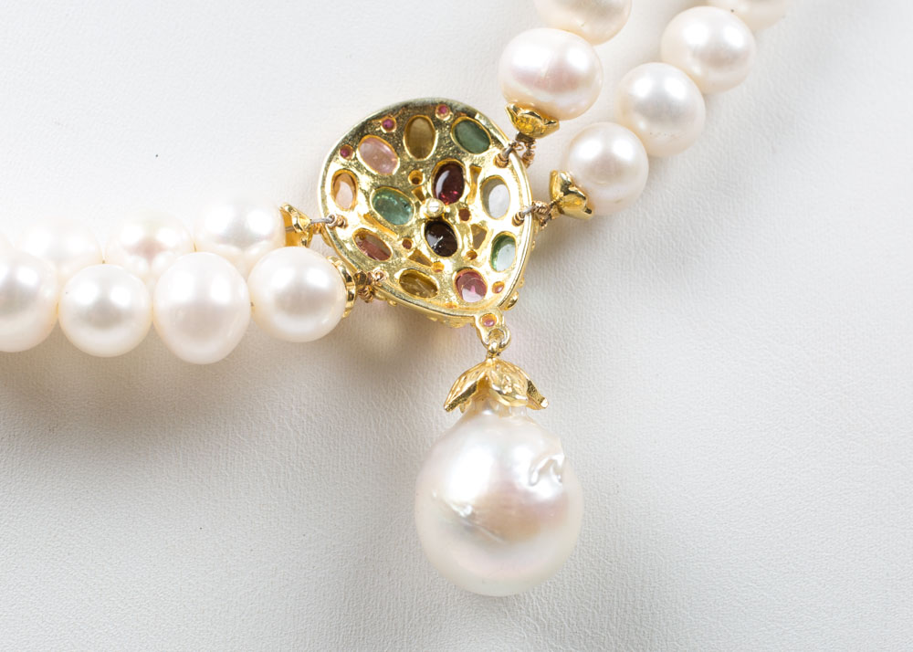 Sterling Freshwater Pearl Double Strand 4.20 CTW Tourmaline, Ruby, Gold Wash