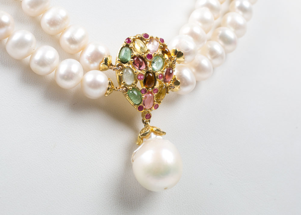 Sterling Freshwater Pearl Double Strand 4.20 CTW Tourmaline, Ruby, Gold Wash