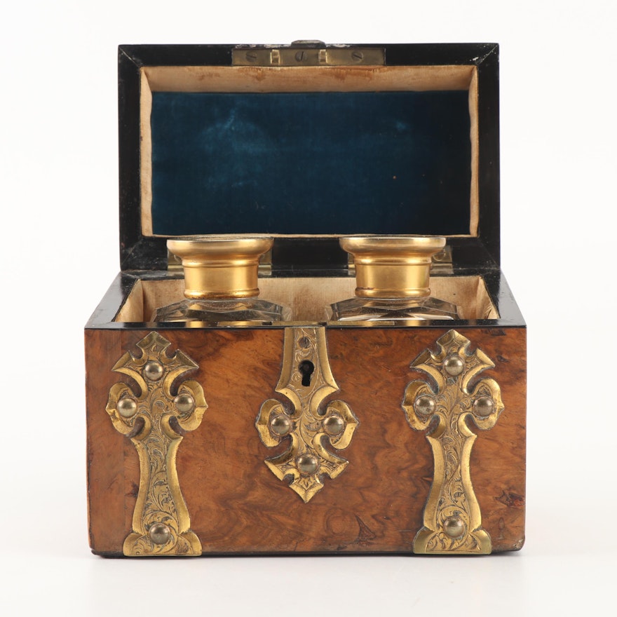 Victorian Brass-Mounted Figured Walnut Perfume Tantalus, Late 19th Century