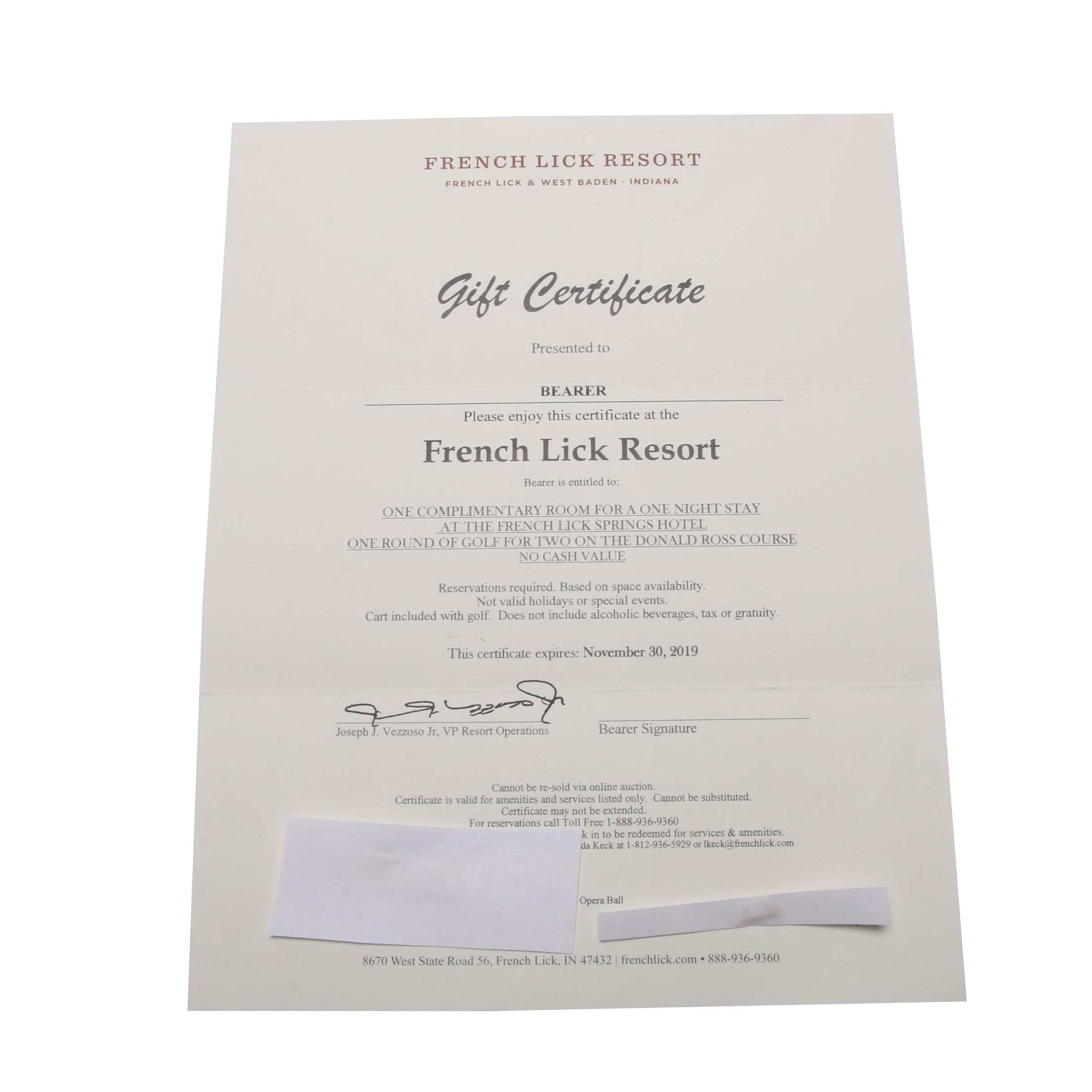 French Lick Resort Certificate for One Night Stay and Round of Golf