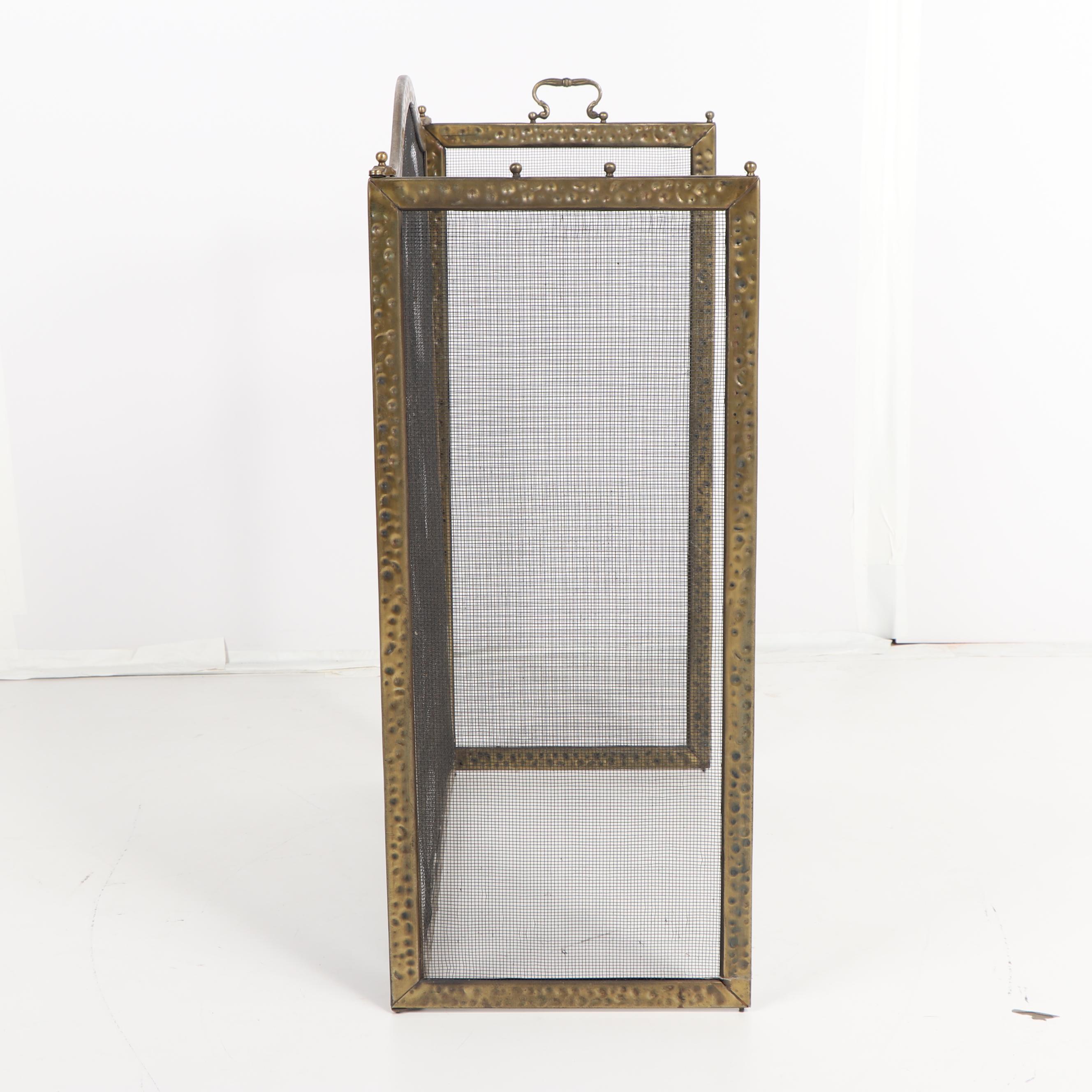 Hammered and Planished Metal Fireplace Screen, Firewood Basket, and Tools