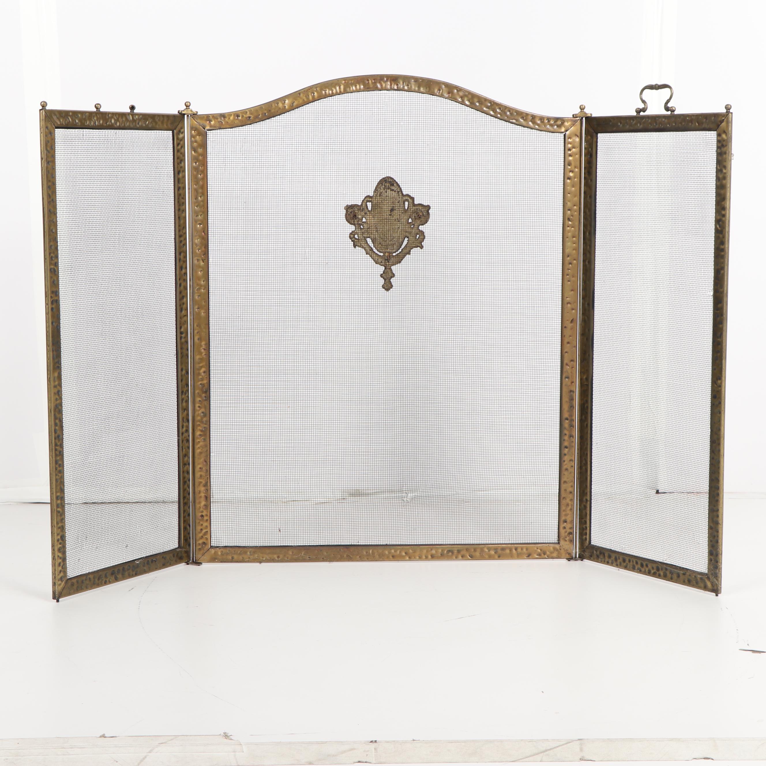 Hammered and Planished Metal Fireplace Screen, Firewood Basket, and Tools