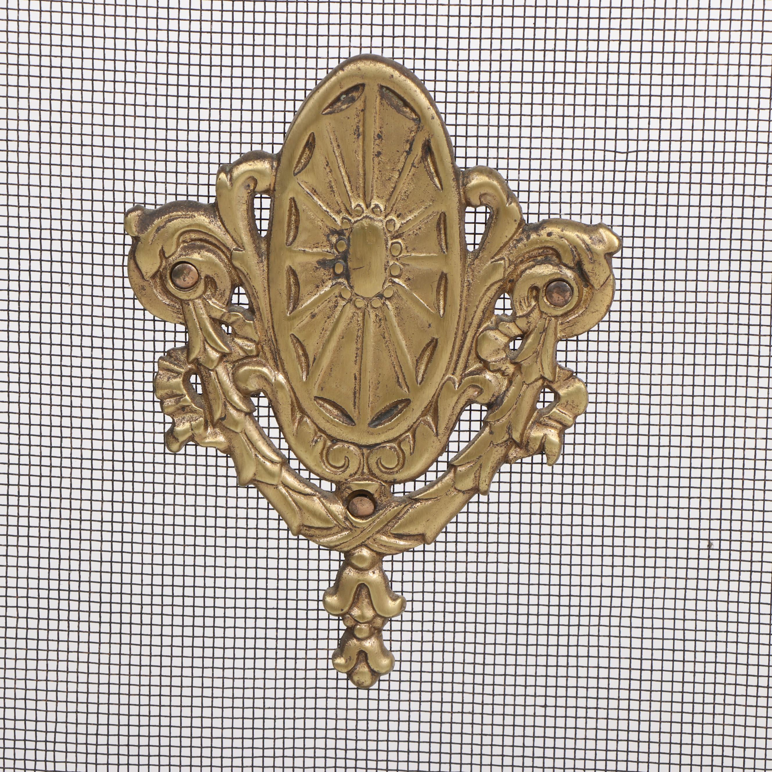 Hammered and Planished Metal Fireplace Screen, Firewood Basket, and Tools