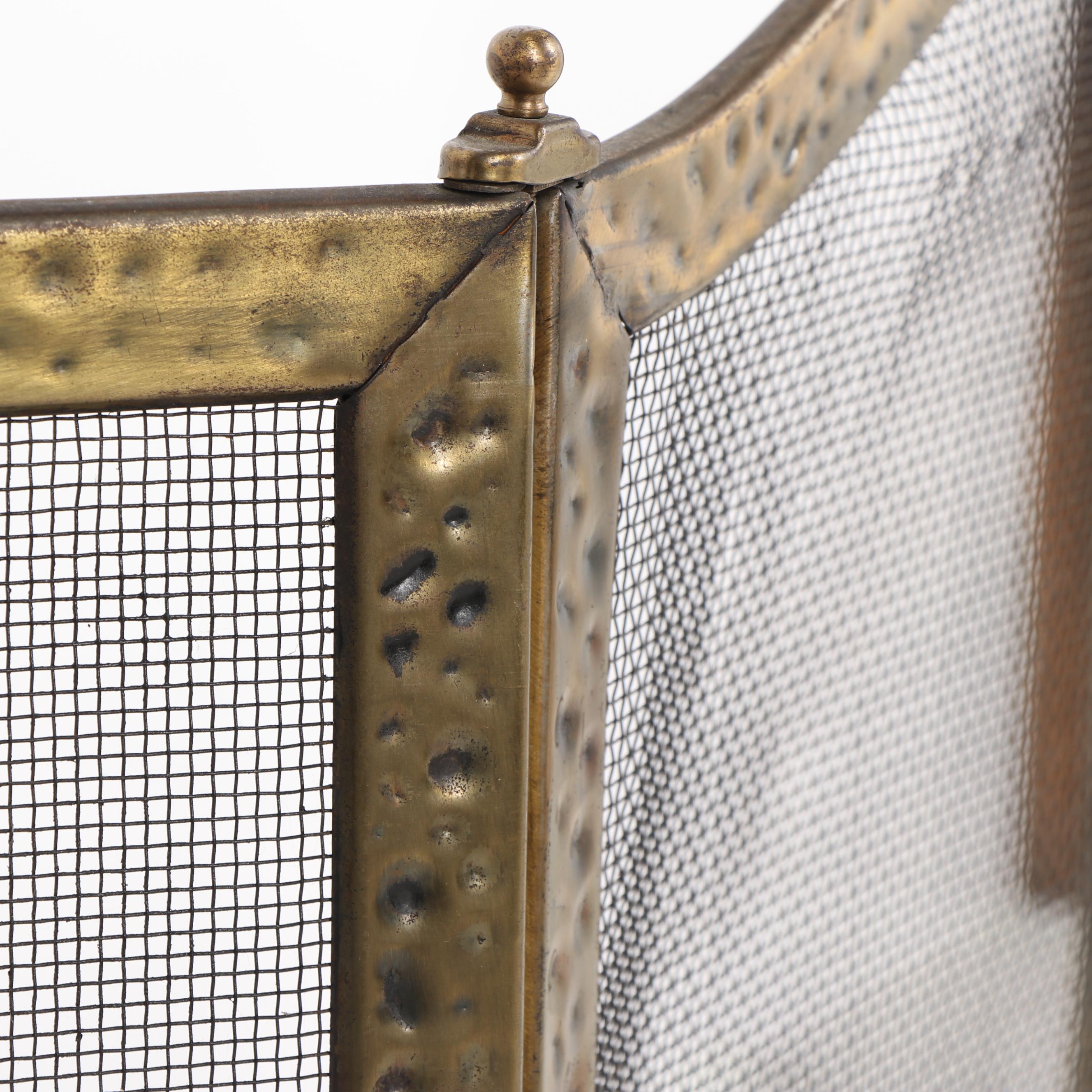 Hammered and Planished Metal Fireplace Screen, Firewood Basket, and Tools