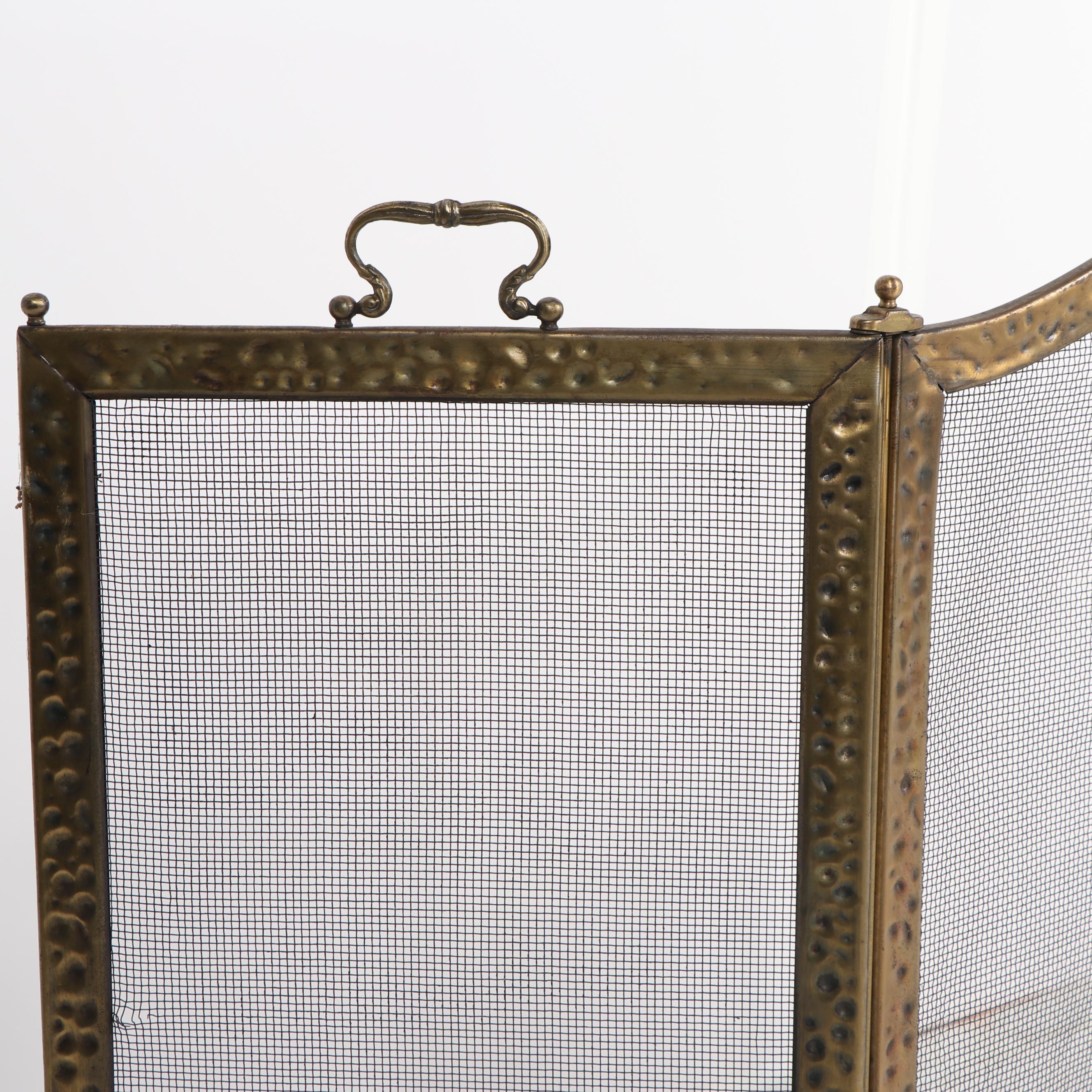 Hammered and Planished Metal Fireplace Screen, Firewood Basket, and Tools