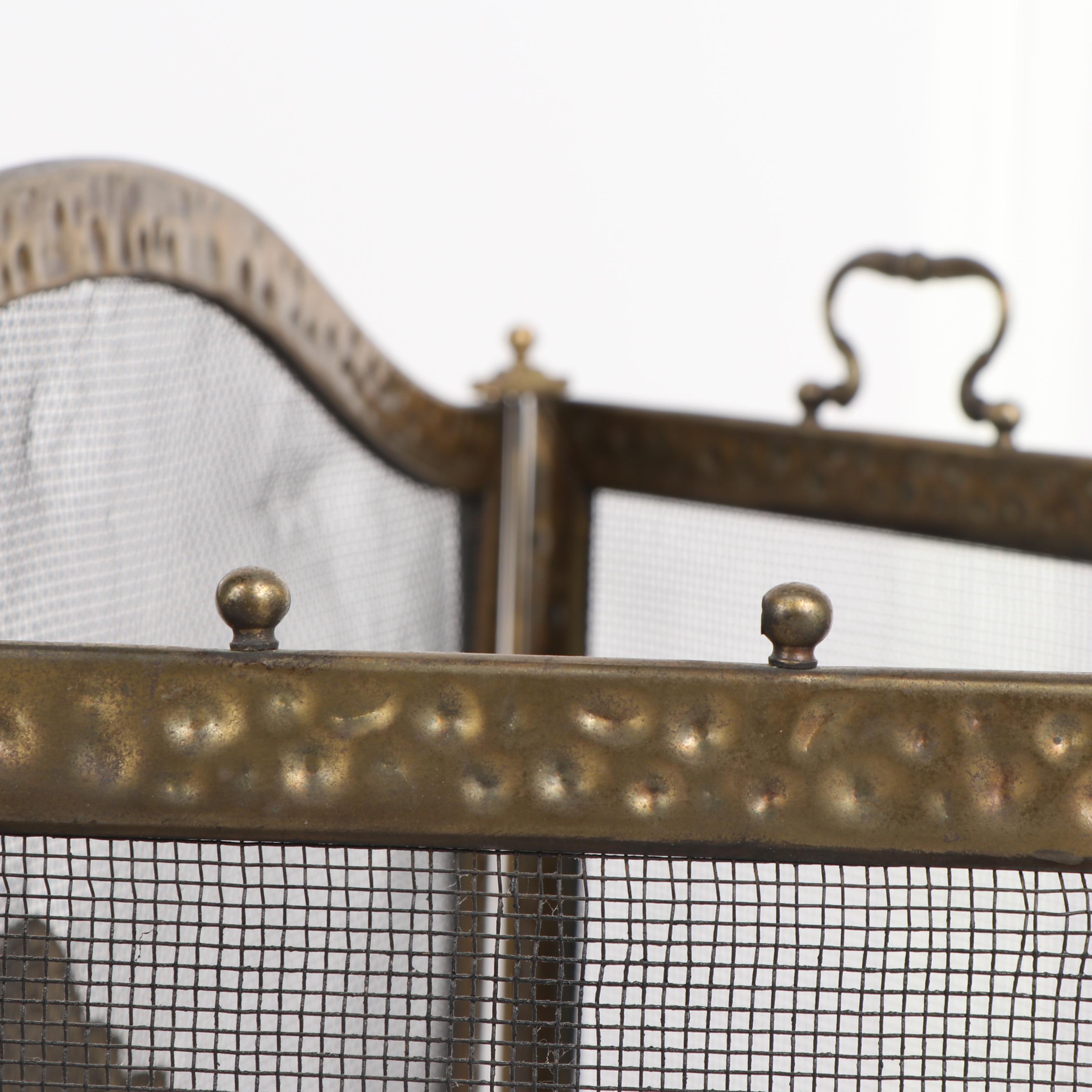 Hammered and Planished Metal Fireplace Screen, Firewood Basket, and Tools