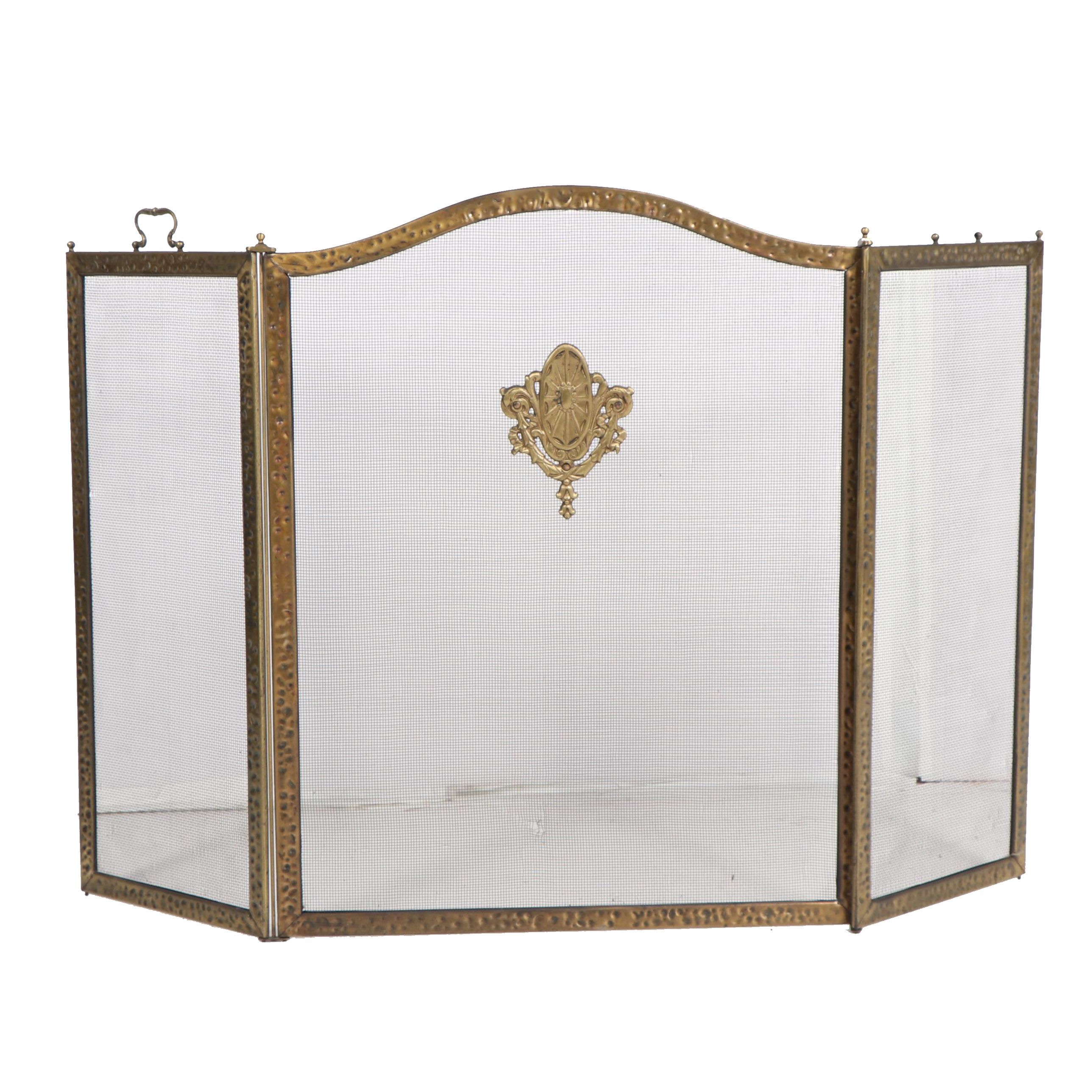 Hammered and Planished Metal Fireplace Screen, Firewood Basket, and Tools