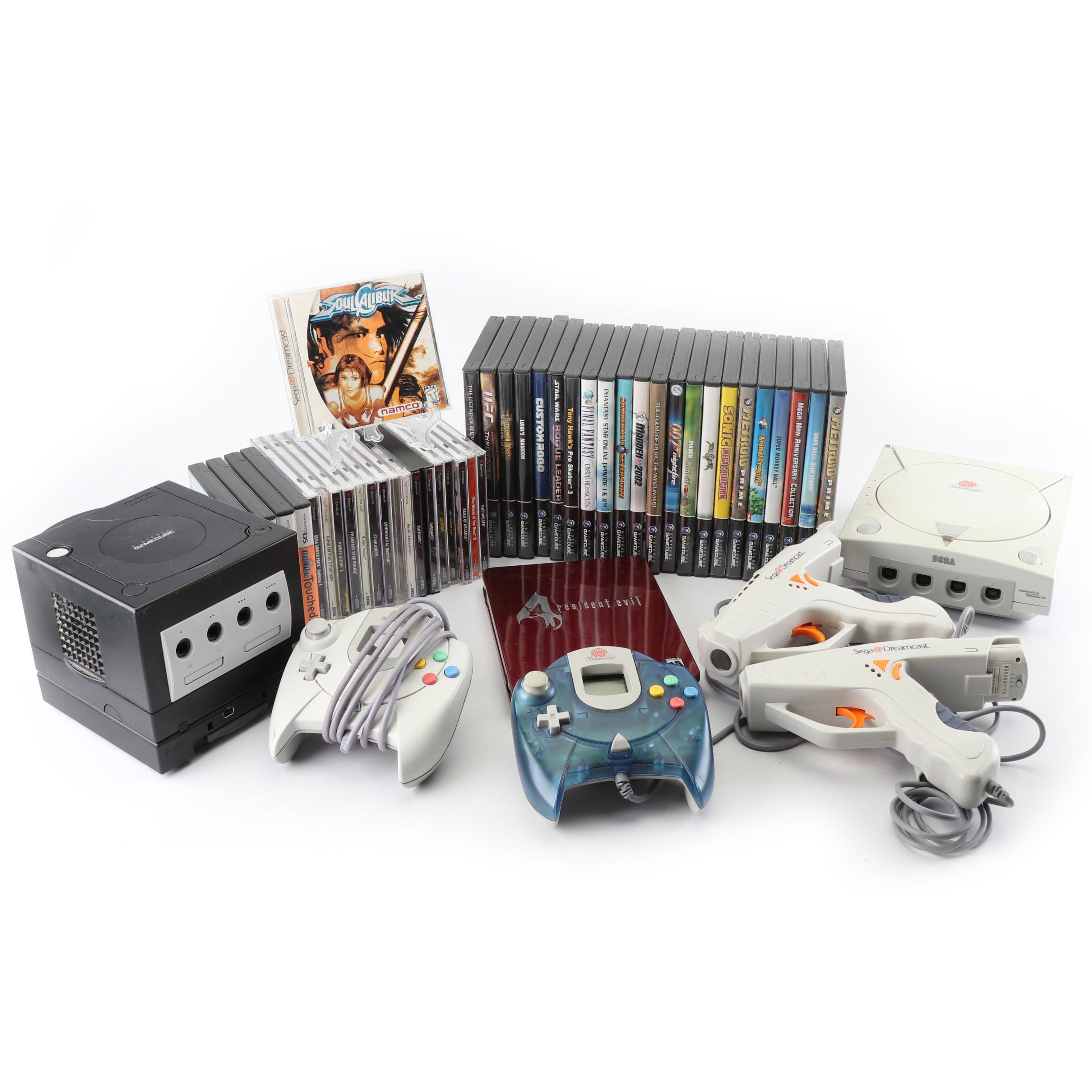 Sega Dreamcast and Nintendo Gamecube with Game Boy Player Attachment and Games