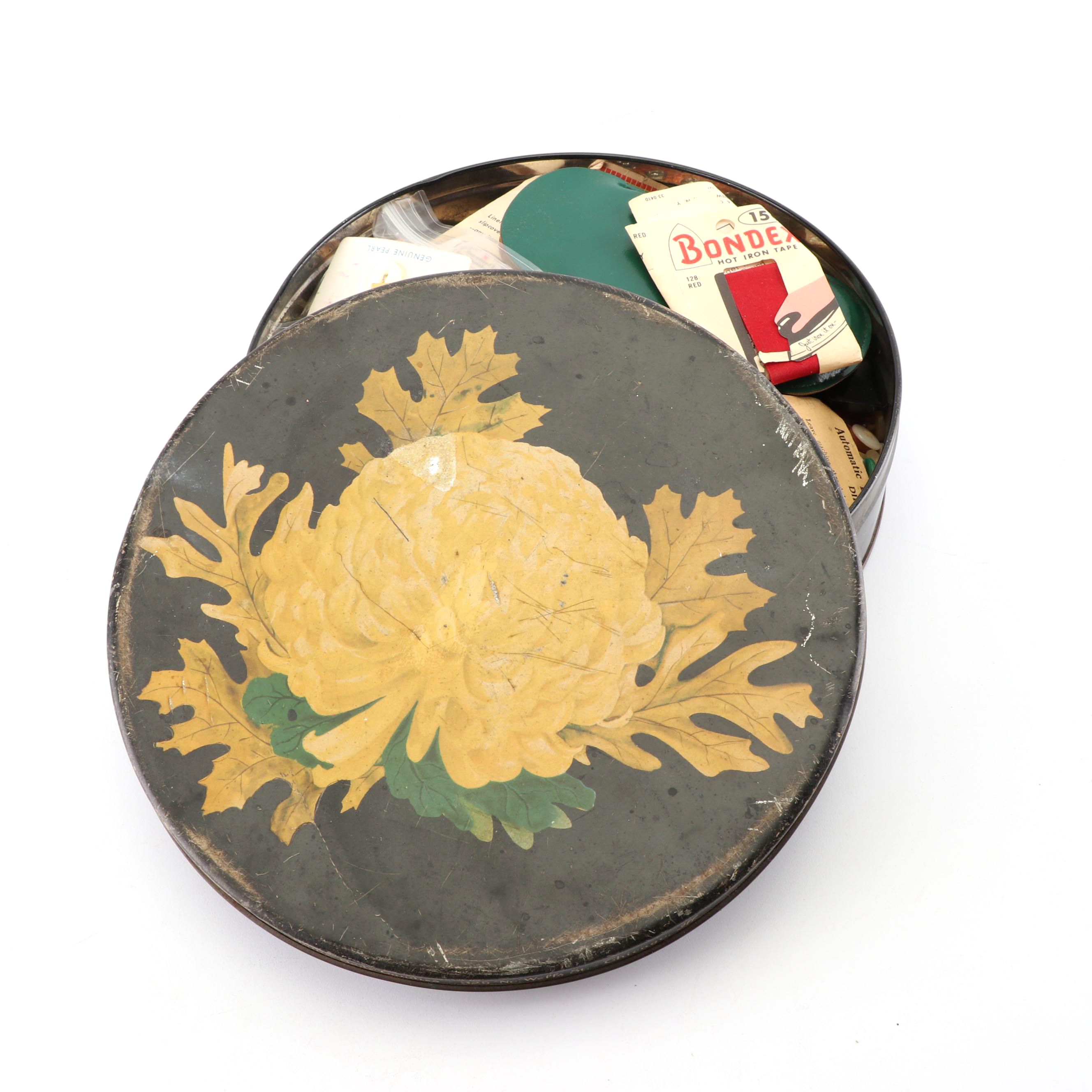 Vintage Tin of Buttons and Sewing Supplies
