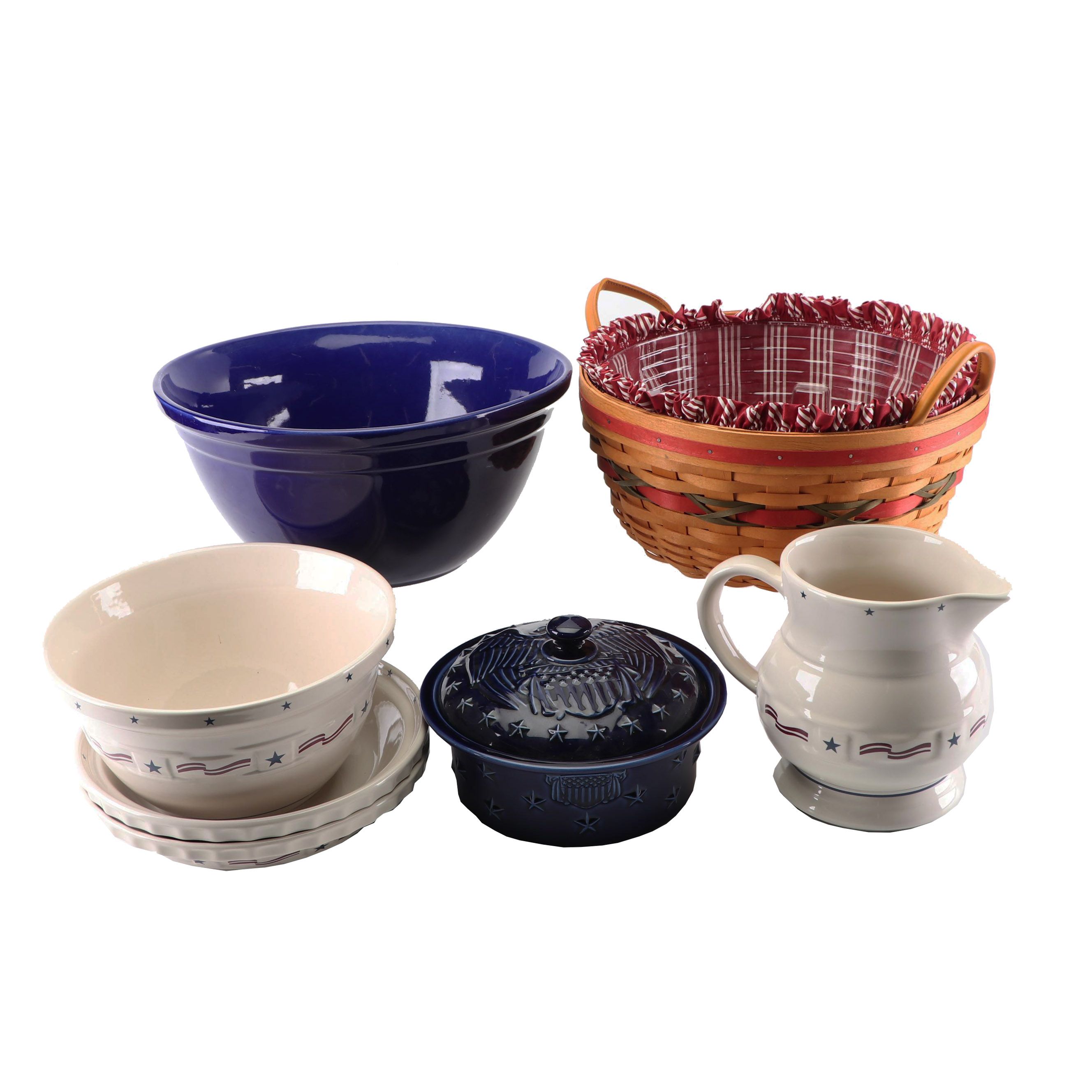 Longaberger "All American" Serveware and Basket with Mccoy Mixing Bowl and Dish